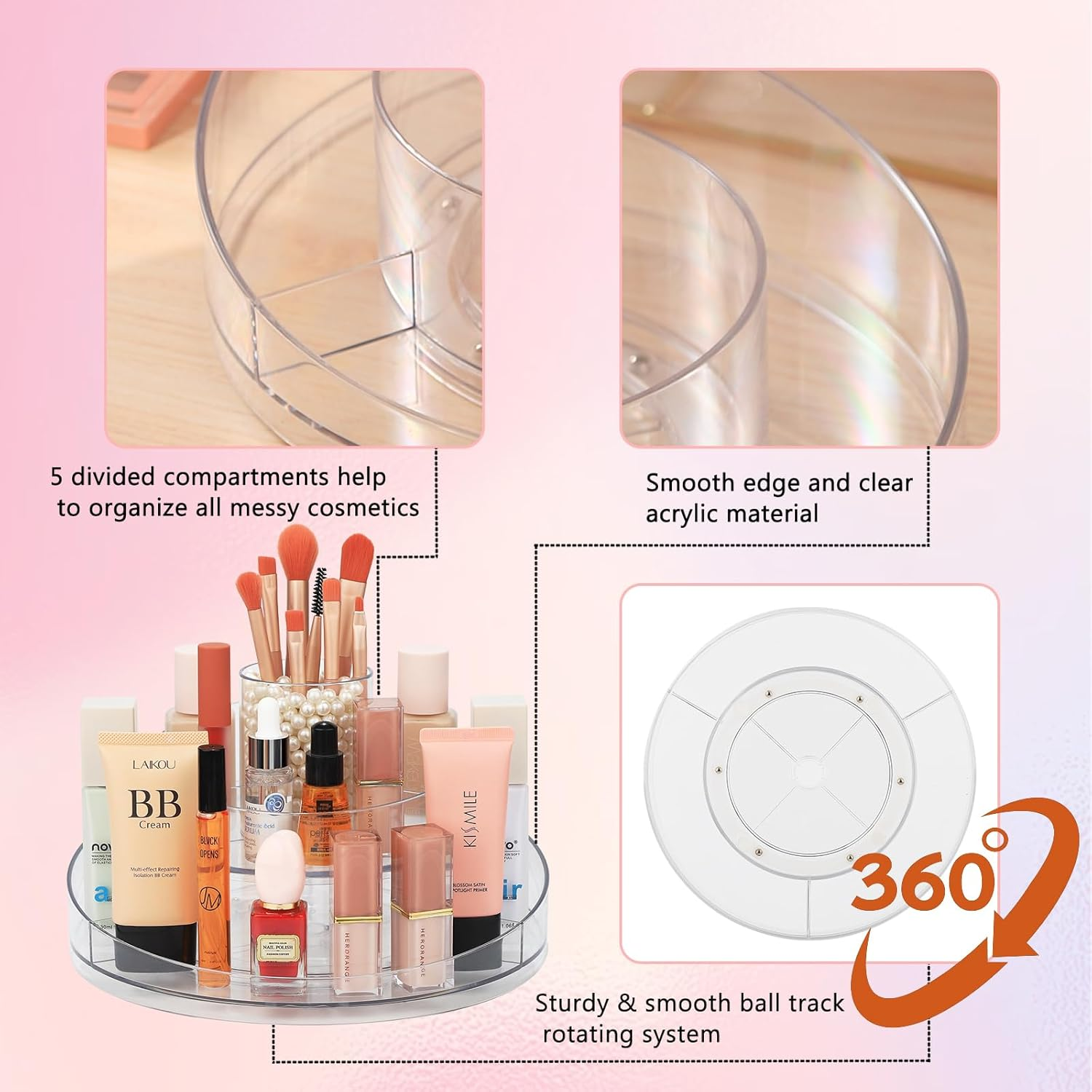 RAMFIYN Clear Acrylic Lazy Susan Organizer, Makeup Spinning Organizer, 2-Tier Lazy Susan for Vanity, Brushes, Lipsticks, Perfumes and Skincare image number 4