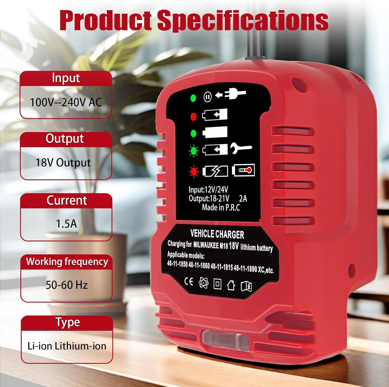 For Milwaukee 18V Charger,Car Charger,Compaitble with Milwaukee M18 Lithium Ion Vehicle Charger,Battery Charger for Battery 18V C18B, C18BX, M18B, M18B2, M18B4, M18BX Battery image number 5