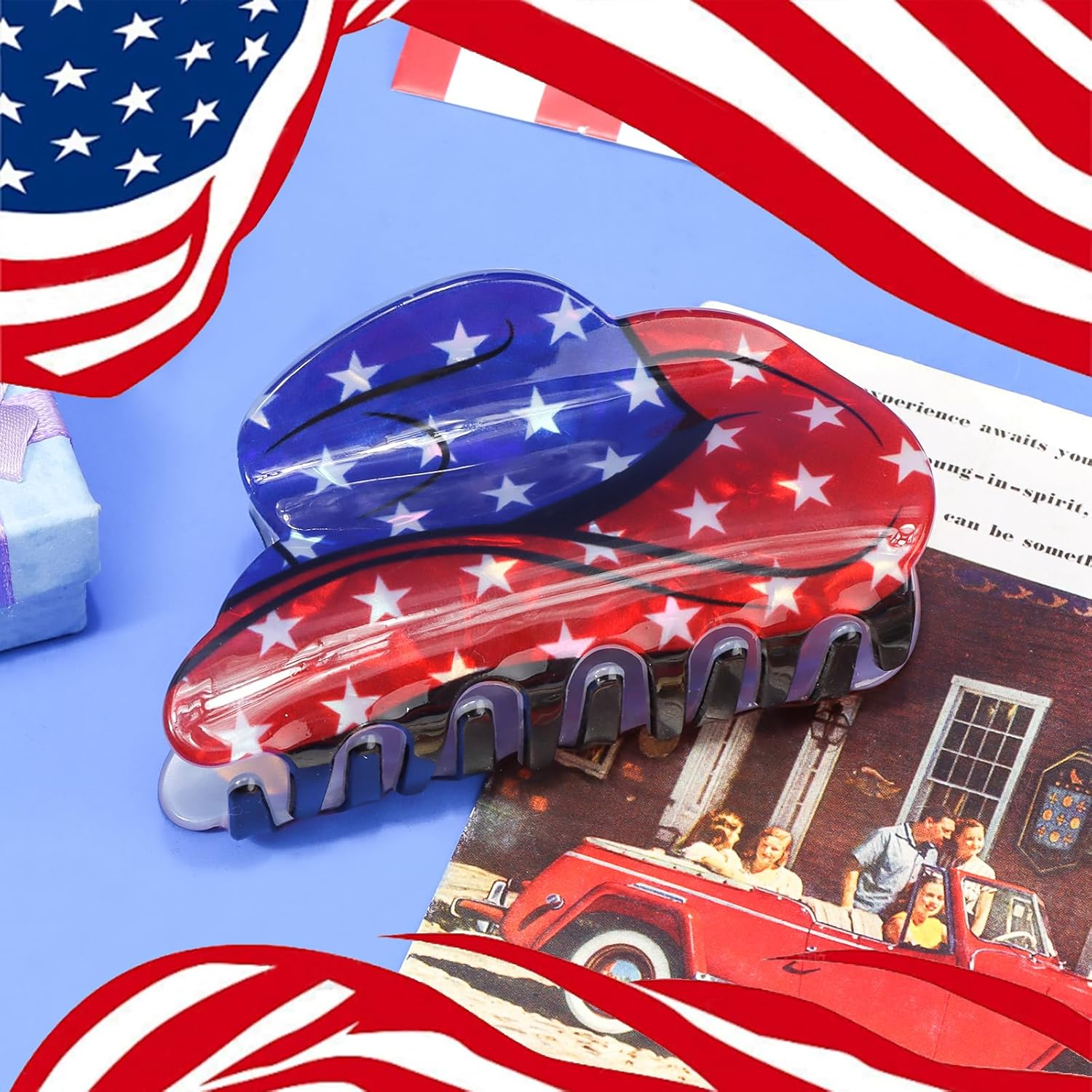 4Th of July Hair Accessories for Women Girls, Hapdoo American Flag Claw Clips Blue Red White Stars, Independence Patriotic Hair Clip Western Cowboy Hat Shaped image number 1