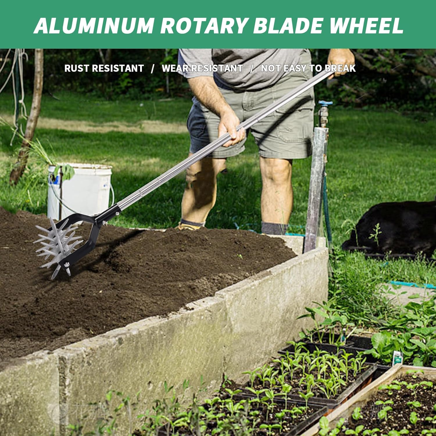 BARAYSTUS Rotary Cultivator Tool, Adjustable Garden Hand Tiller Cultivator, Long Handle Rotary Cultivator, Aerate, Weed, Plant, Garden Cultivator for Soil Mixing or Reseeding Grass image number 2