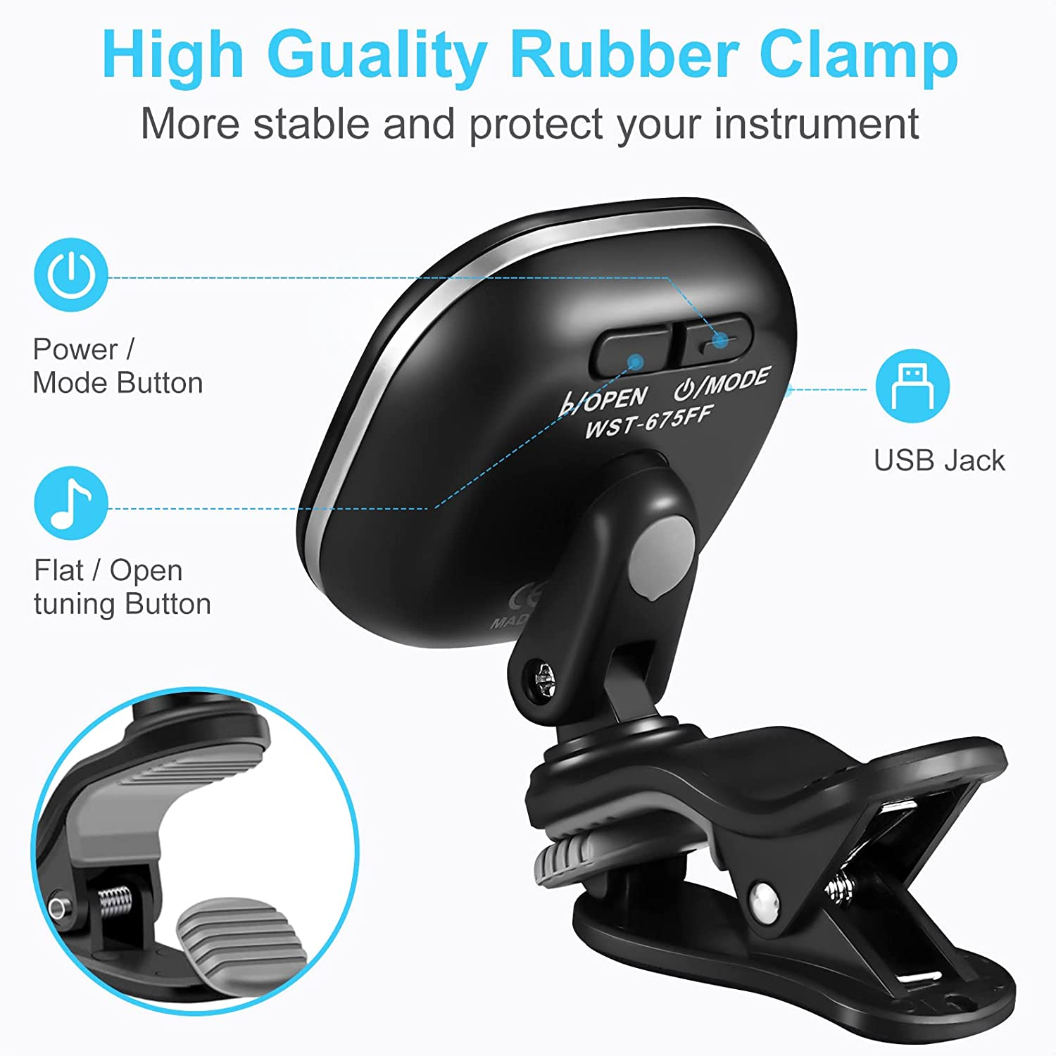 LEKATO Rechargeable Guitar Tuner Clip on Tuner for All Instruments - Guitar, Violin, Ukulele & Chromatic Tuning Modes, Fast & Accurate, Easy to Read Color Display, Professional and Beginner image number 6