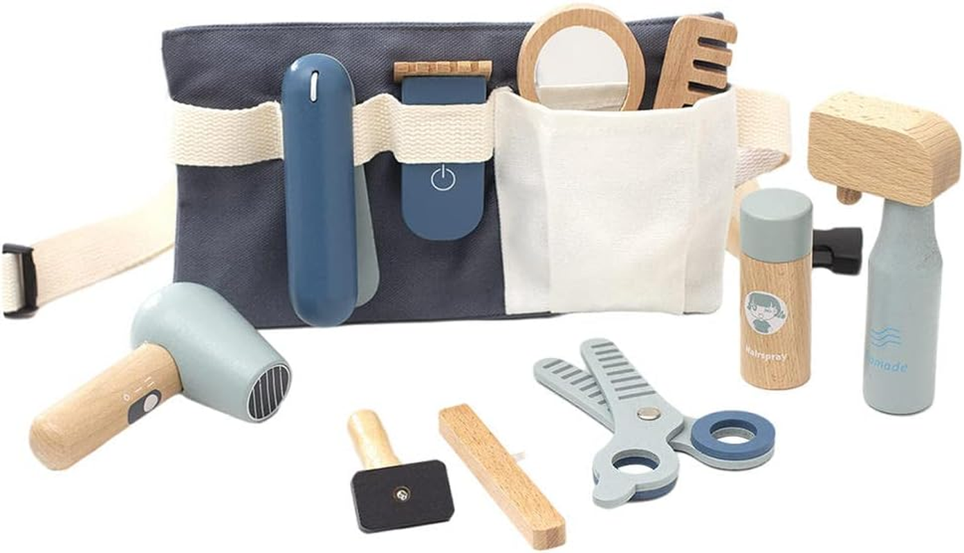 NC 11Pcs Simulation Wooden Beauty Salon Toys Pretend Play Mirror and Cosmetics Case with Toy Hairdryer Hair Styling Set Party Toy for Girl Toddler - Salon Kit image number 6