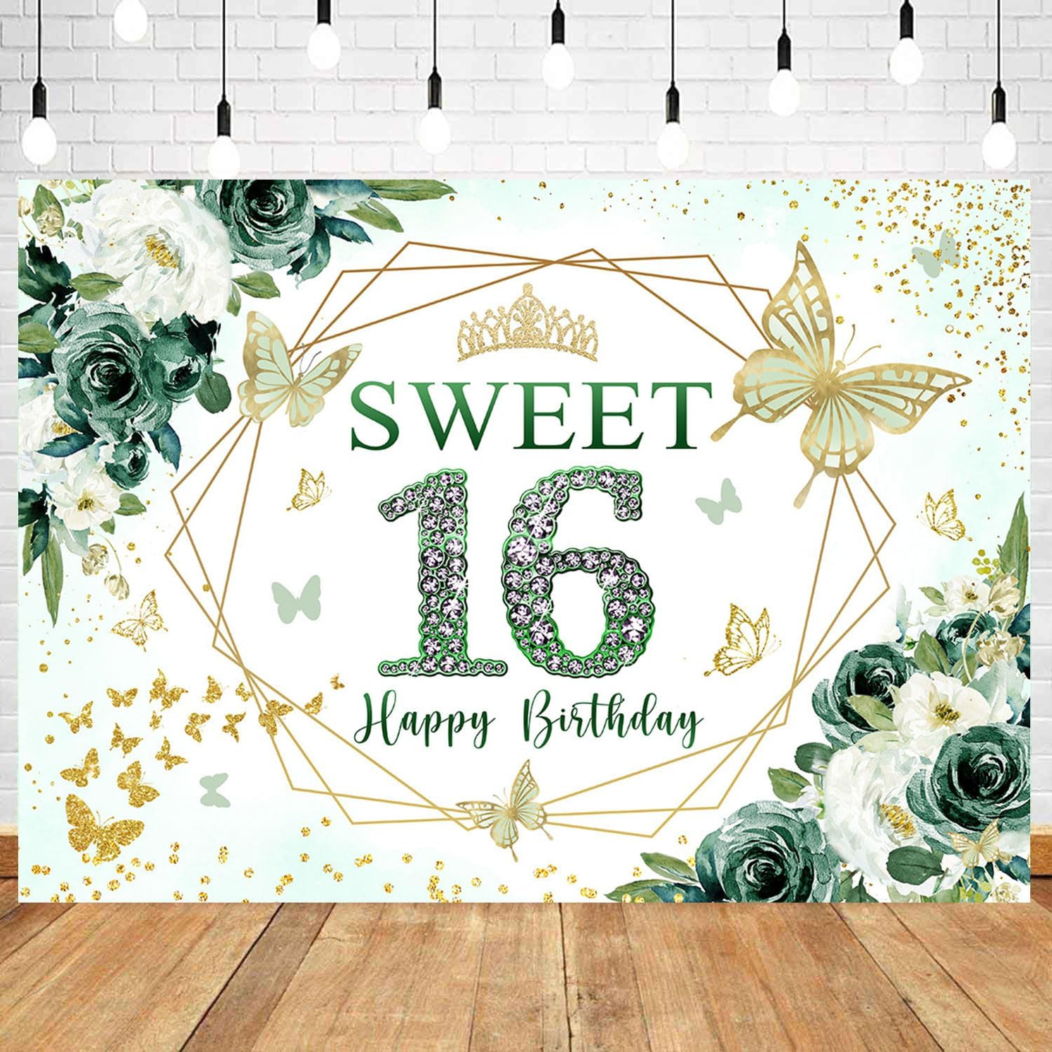Inmemory Sweet 16 Birthday Backdrop Floral Green Roses Glitter Gold Butterfly Princess Girls Sixteen 16Th Birthday Theme Party Decoration Banner Bday Cake Table Background 7X5Ft image number 4