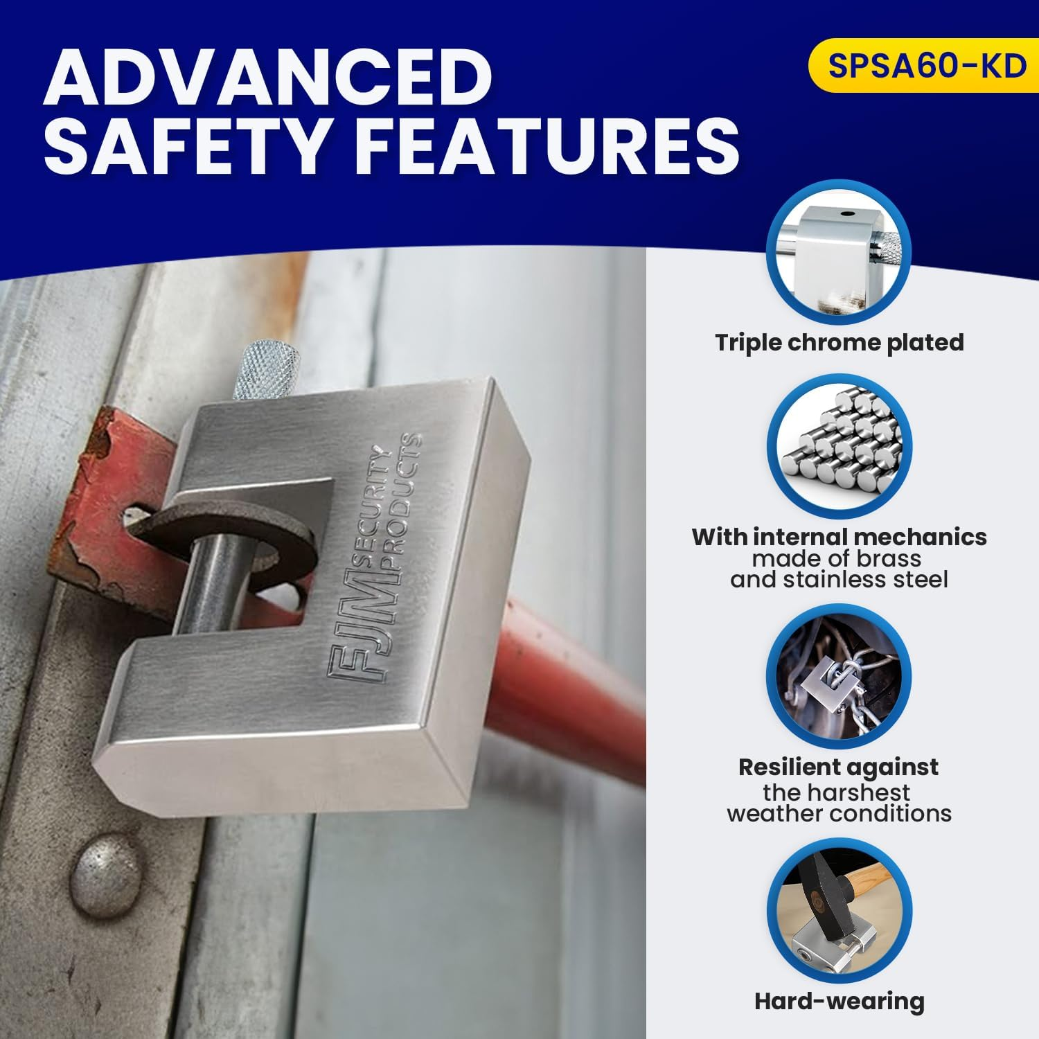 FJM Security Products FJM SPSA60-KD SPSA60-CR Triple Chrome Plated D-Shaped Security Padlock, 2-3/8 image number 6