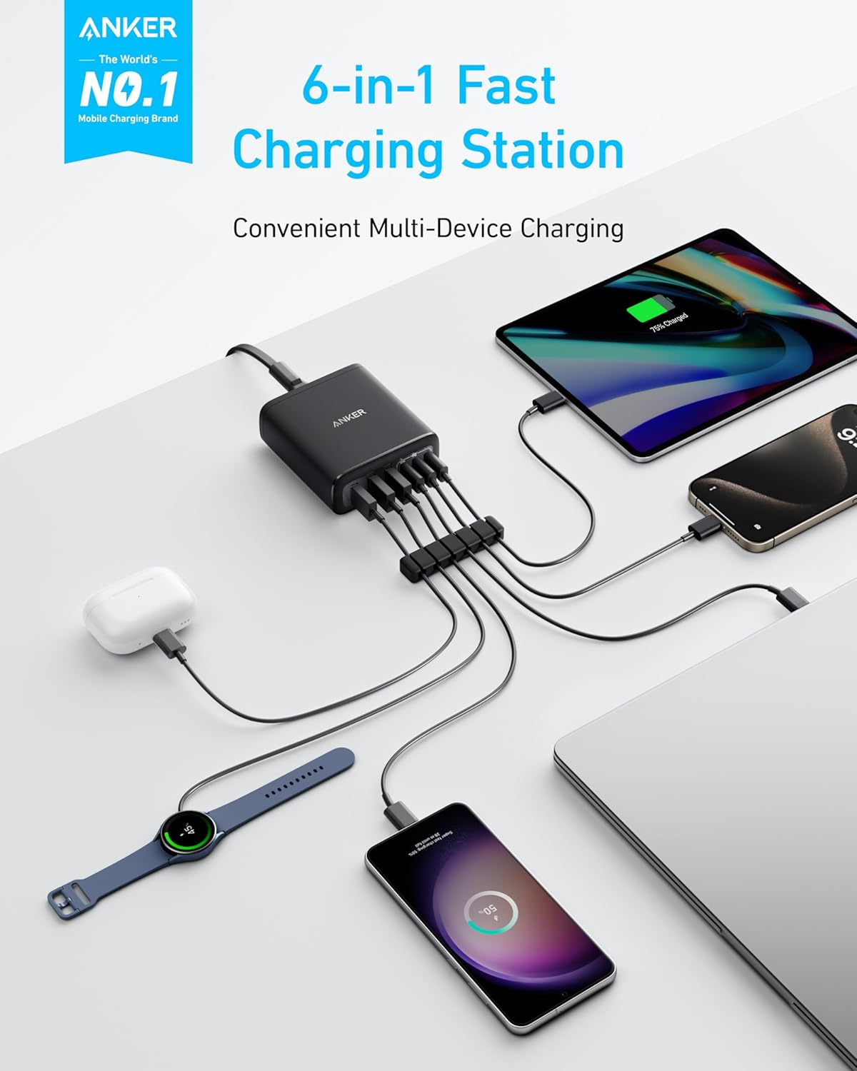 Anker Desktop Charger, Fast Charging USB C Charger, 112W Max 6-Port Charging Station, for Iphone, Ipad, Macbook, Samsung and More (Cable Not Included)
