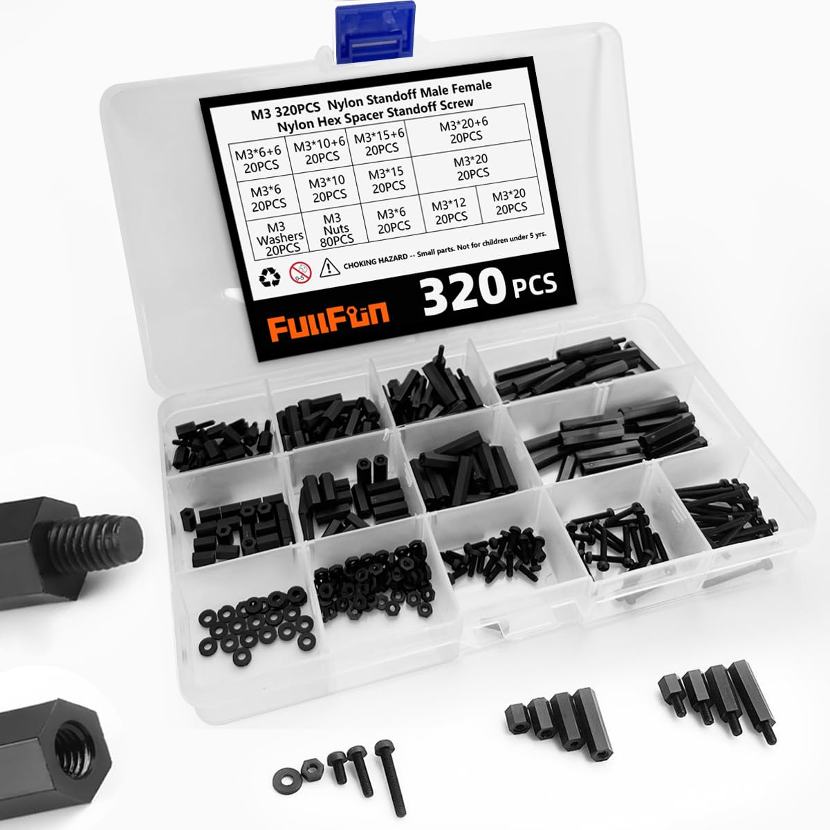 Fullfun 320PCS M3 Male Female Hex Nylon Spacers Standoffs Screws Nuts Assortment Kit, Threaded Pillar for Printed Circuit Board Motherboard image number 5