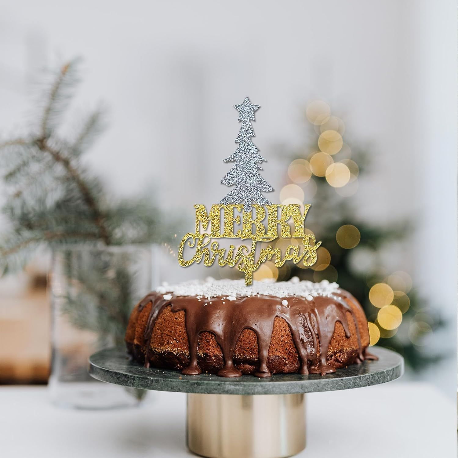 Merry Christmas Cake Topper, Gold Glitter Acrylic Christmas Tree Cake Picks for Christmas Winter Happy New Year Party Supply Decoration image number 2