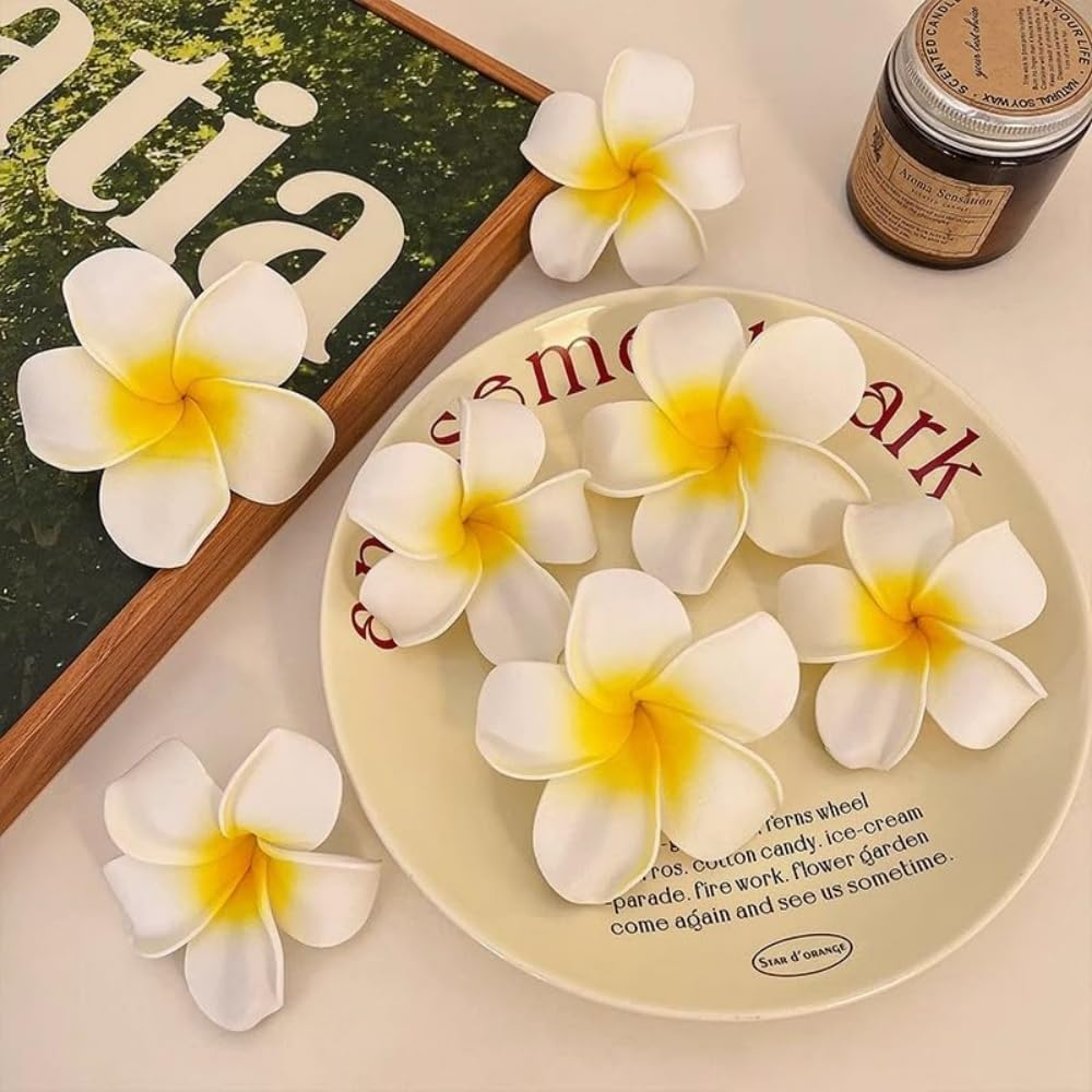 2 Pieces Frangipani Hawaiian Frangipani Plumeria Foam Head Flower Party Beach Hair Clips and Hair Clips