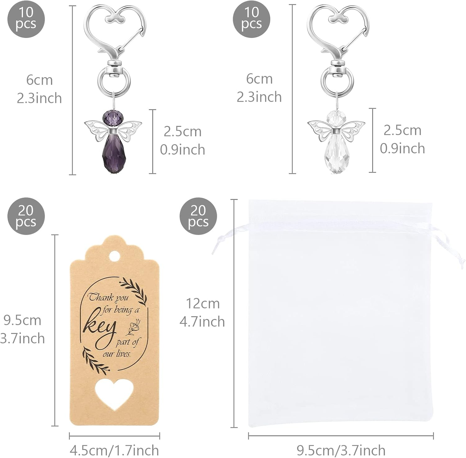 GWHOLE 20 Sets Angel Keychain with Organza Bags & Thank You Tags Baby Shower Return Gifts for Guests Baptism Favors Angel Wings Pendant for Baby Shower, Bridal Shower, Wedding - Purple & Clear image number 6