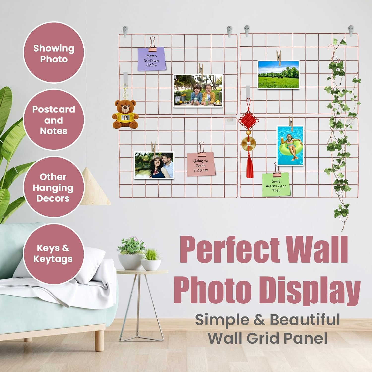 Metal Grid Wall Panel, Photo Display Organizer, 17.3"&times;11.8" Rose Gold Wire Board, Picture Frame, 4-Pack Mesh Memo Board with Clips and Hooks image number 3