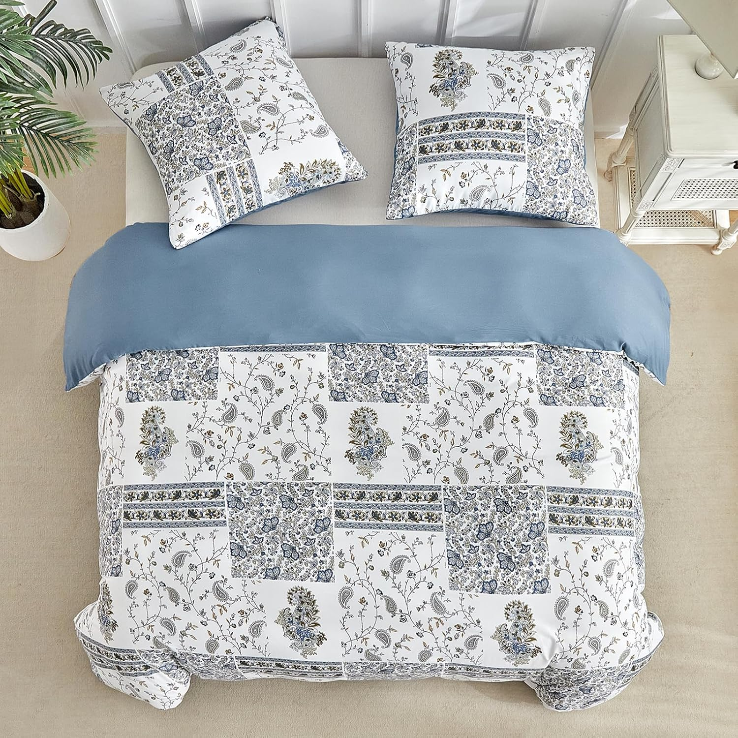 Tokokimo Duvet Cover 220 X 240 Cm with 2 Pillowcases 65 X 65 Cm - Bohemian Patchwork Floral Pattern - 100% Microfibre Bedding Set 220 X 240 Cm for Adults with Zips Blue image number 5