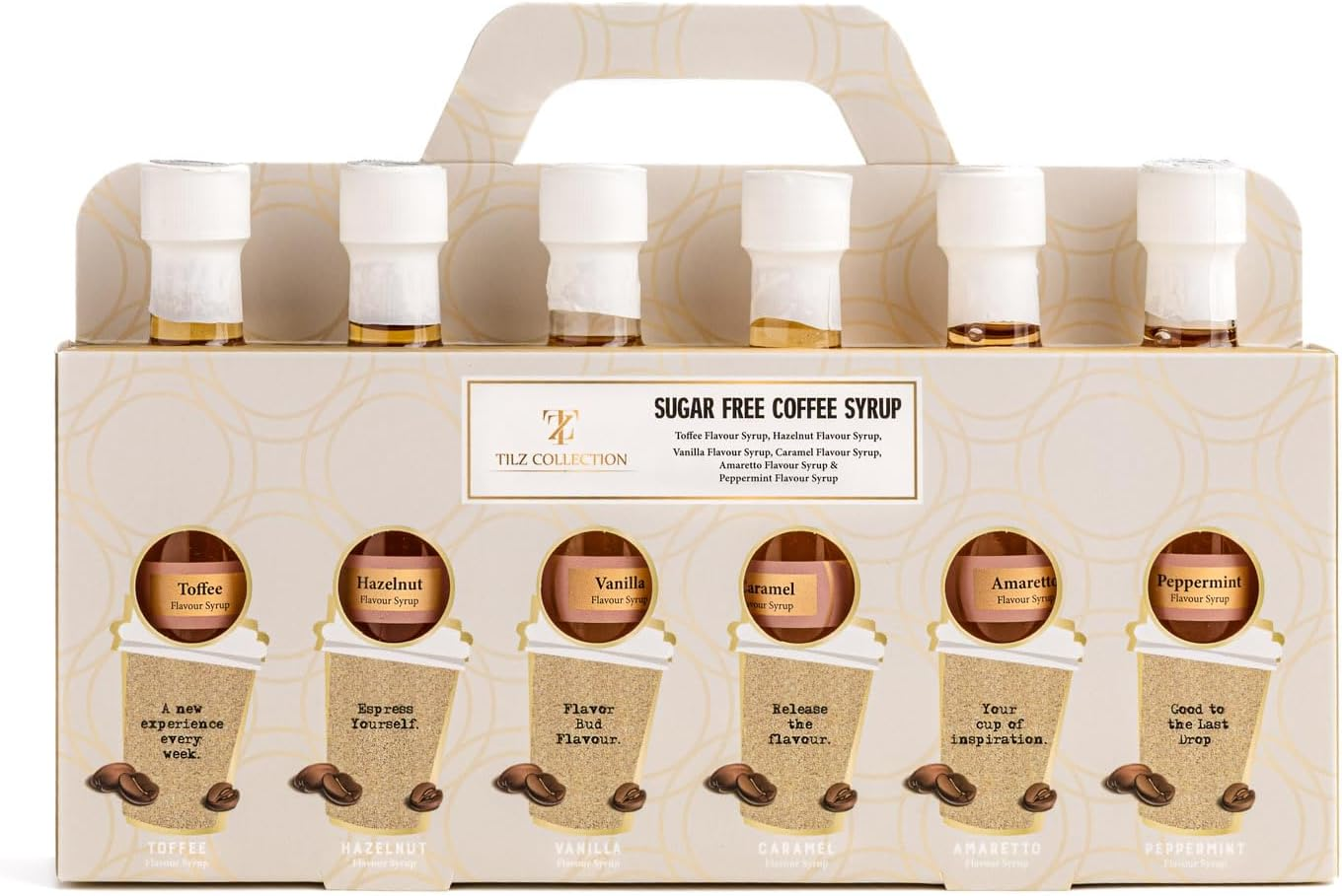 Tilz, Sugar Free Coffee Syrups Gift Set -Premium Sugar Free Syrup, Cocktail Gift Sets -Caramel Coffee Syrup, Vanilla Syrup, Hazelnut, Amaretto, Toffee, Peppermint, for Coffees, Hot Chocolate, Frappes image number 4
