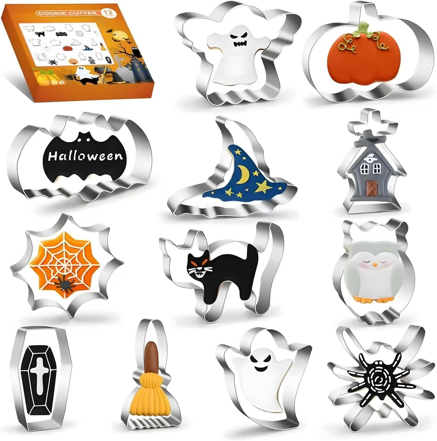 12 Pcs Halloween Cookie Cutters, Halloween Stainless Steel Cookie Cutter for Halloween Food Party Decorations - Molds Shapes Including Ghosts, Pumpkins, Bats, Wizard Hats, Spiders, Etc. ﻿ image number 2