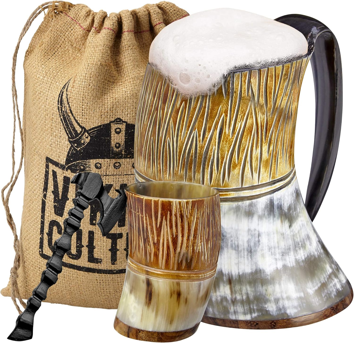 Viking Culture Ox Horn Mug, Shot Glass, and Bottle Opener (3 Pc. Set) Authentic 16-Oz. Ale, Mead, and Beer Tankard | Vintage Stein with Handle | Custom Intricate Design - Natural Finish
