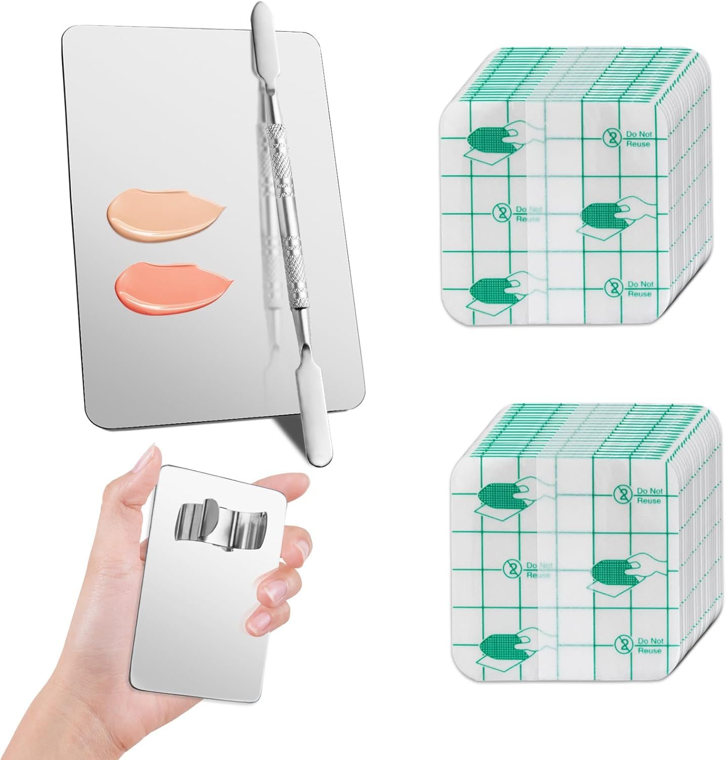 Makeup Mixing Palette Set Includes Make up Spatula, 100 Pieces of Makeup Hand Palette Single Use Cosmetic Tape, Foundation Palettes with Finger Ring on the Back for Make up Artist (Silver) image number 6