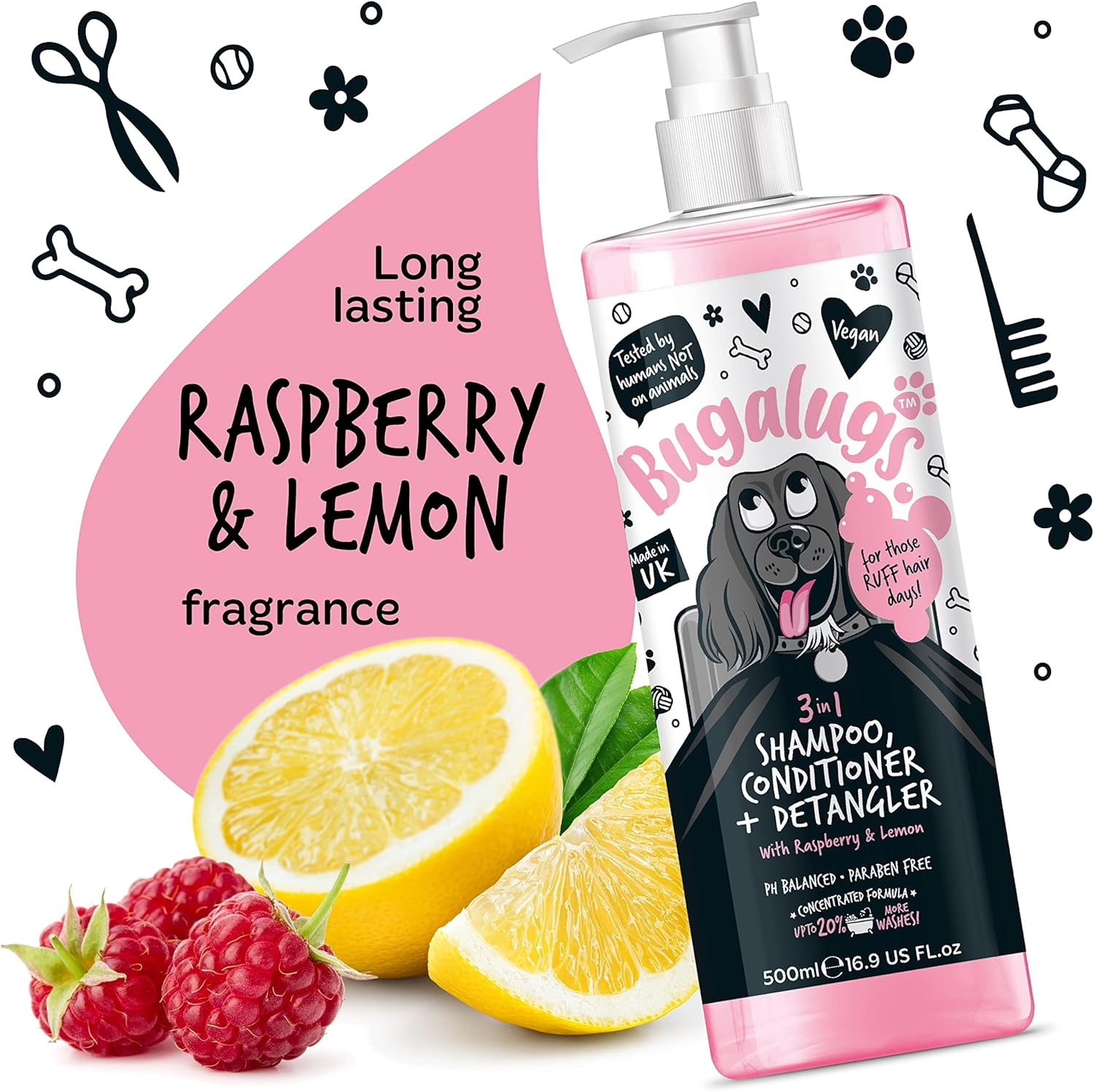 BUGALUGS Dog Shampoo 3 in 1 Shampoo, Conditioner & Detangler - Raspberry & Lemon Dog Perfume Grooming Products for Smelly Dogs, Best Dog Coat Puppy Shampoo, Pet Accessories (Shampoo 500Ml) image number 4