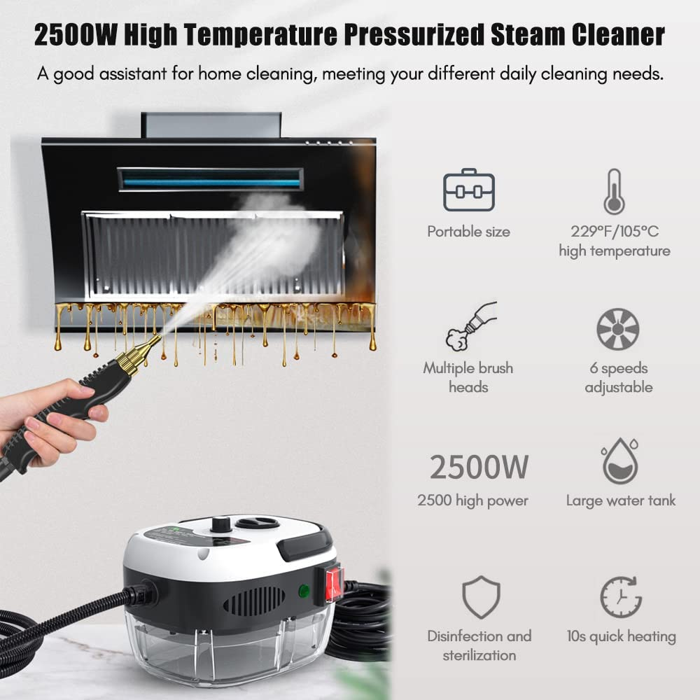 Steam Cleaner, 2500W Portable Handheld Steam Cleaner High Temperature Pressurized Steam Cleaning Machine with Brush Heads for Kitchen Furniture Bathroom Car White image number 1