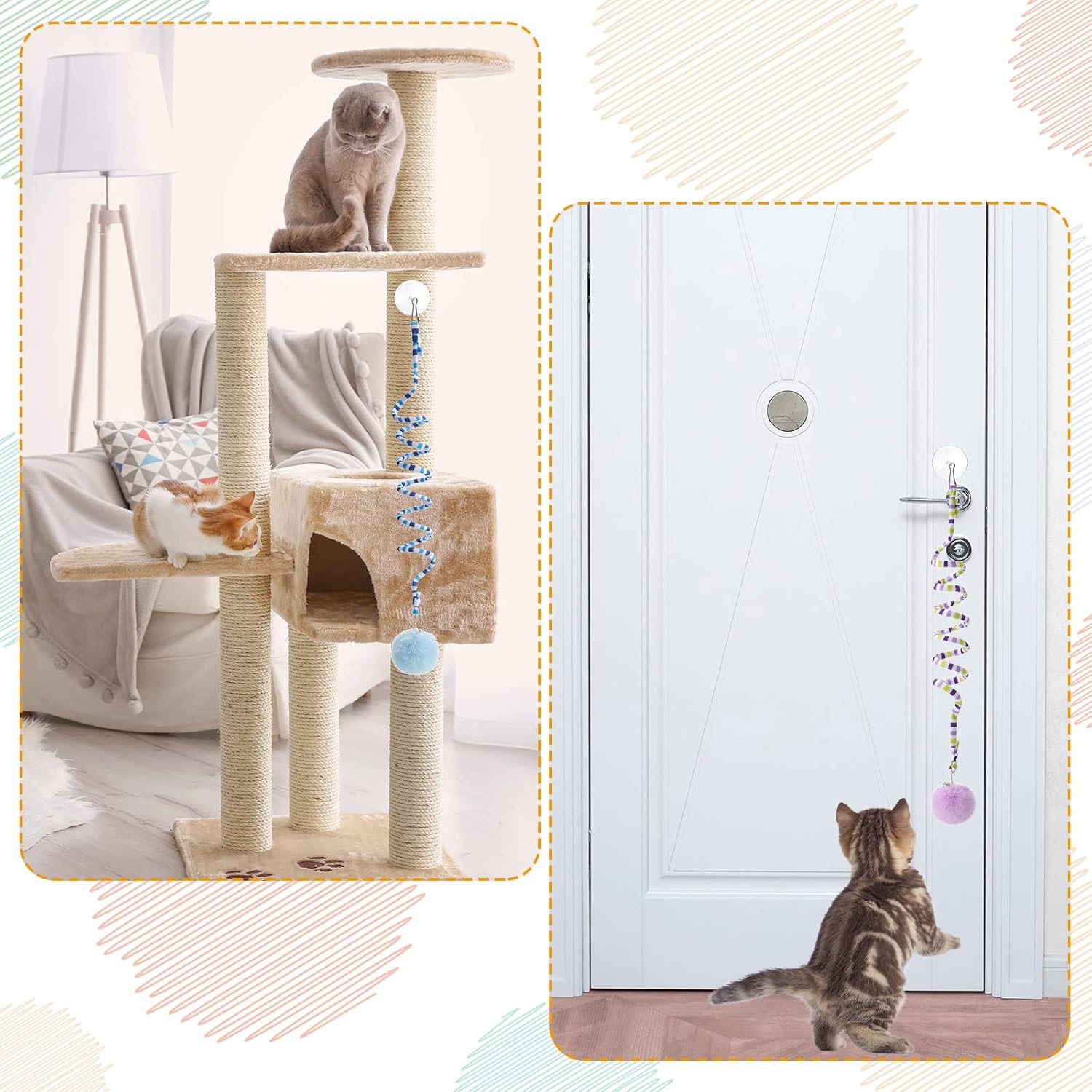 4 Pcs Cat Spring Toys Hanging Door Interactive Cat Toys with Bell Long Tail Stretchable Soft Plush Teaser Ball for Kitten Chase Play and Kill Time, Gradient image number 4