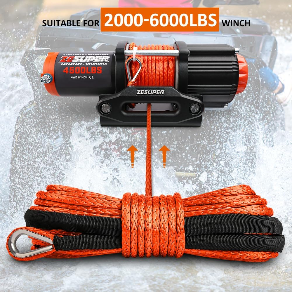ZESUPER Synthetic Winch Rope1/4''X 49' 10000Lbs Winch Rope Cable with Sheath Winches for Winches SUV ATV UTV Vehicle Boat Ramsey Car (Orange) image number 2
