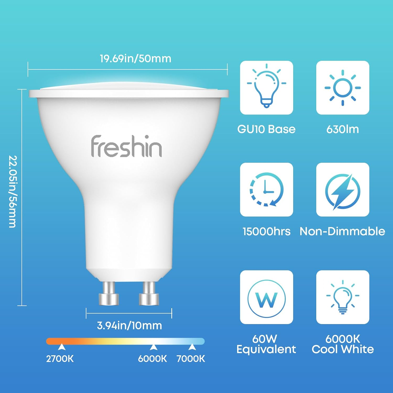 FRESHIN GU10 LED Light Bulb 7W, 630Lm 6000K Cool Daylight White, 60W Halogen Equivalent, CRI 80+, Non-Dimmable, Flicker-Free, Energy Saving Spot Light (4) image number 3