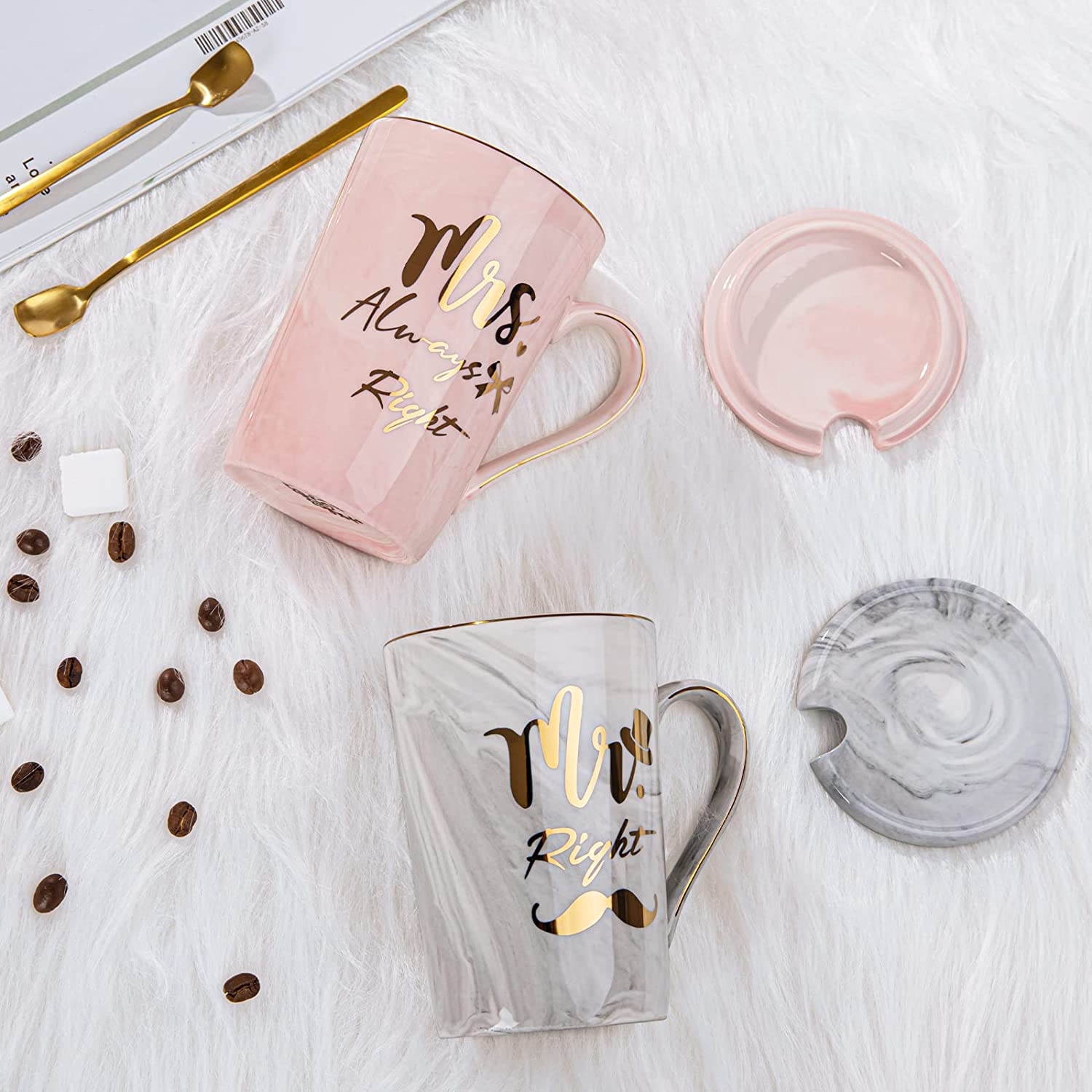 ALBISS Mr Right Mrs Always Right Couple Coffee Mugs Cups - Bridal Shower Wedding Anniversary Valentines Day Gift - Bride and Groom Newlyweds Married Couples Ceramic Marble Cups Set, 14Oz Pink & Grey&hellip; image number 6