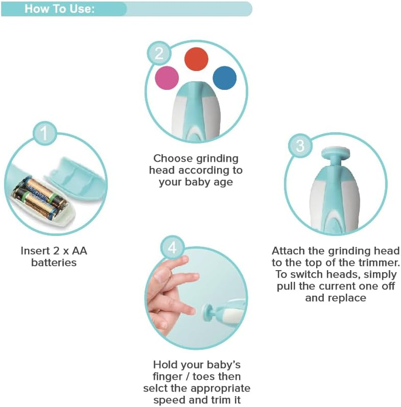 Safe and Quiet Electric Newborn and Toddler Nail Trimmer with LED Lights, 6 X Nail Trimmer Pads and 4 Speed Modes, AA Battery Operated (Blue) image number 3