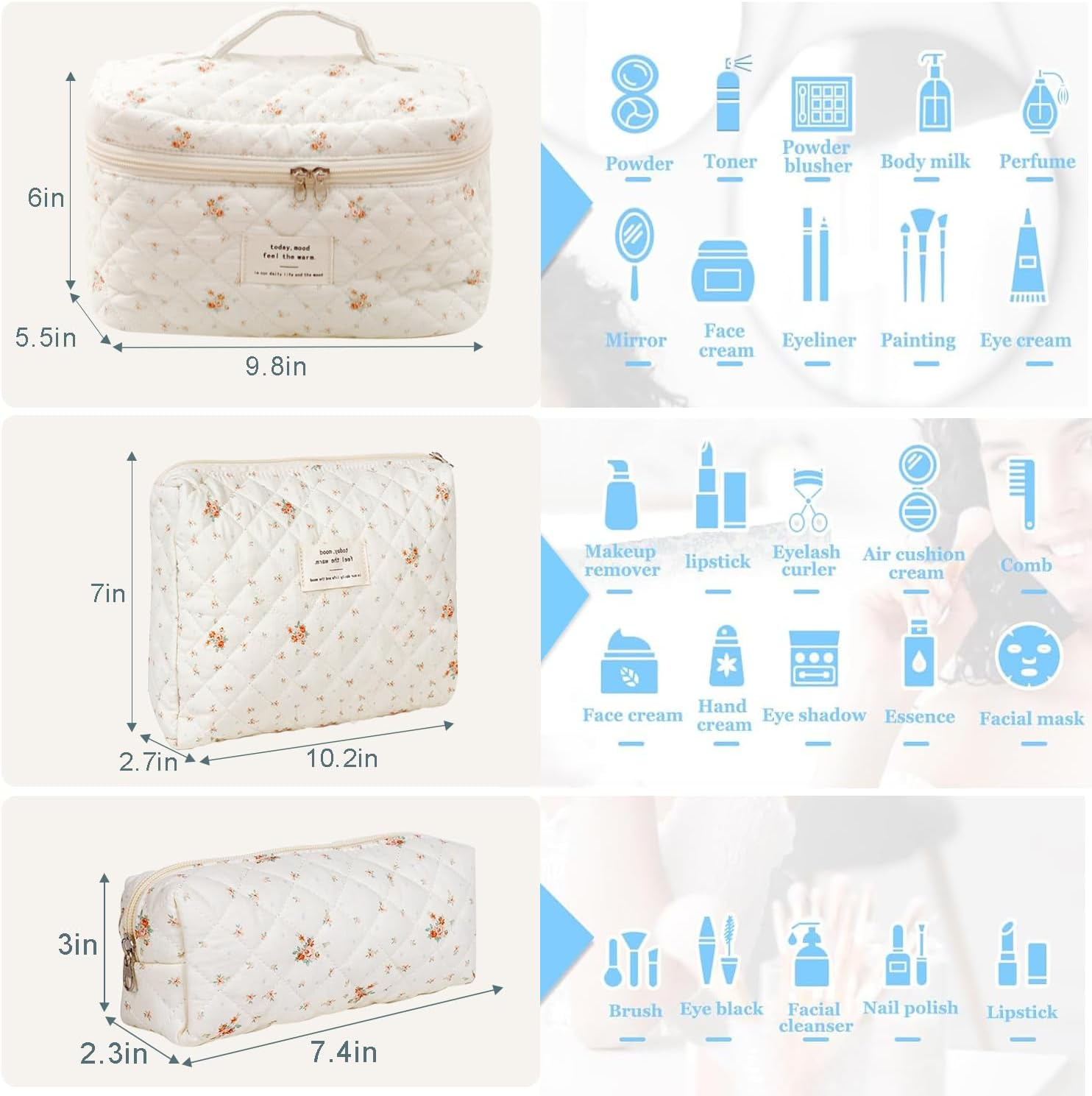 Everfunny 3 Pcs Cotton Quilted Makeup Bag Set, Floral Cotton Cosmetic Bag, Aesthetic Toiletry Travel Organizer Bag for Women, White Little Flower, Cosmetic Bag image number 3