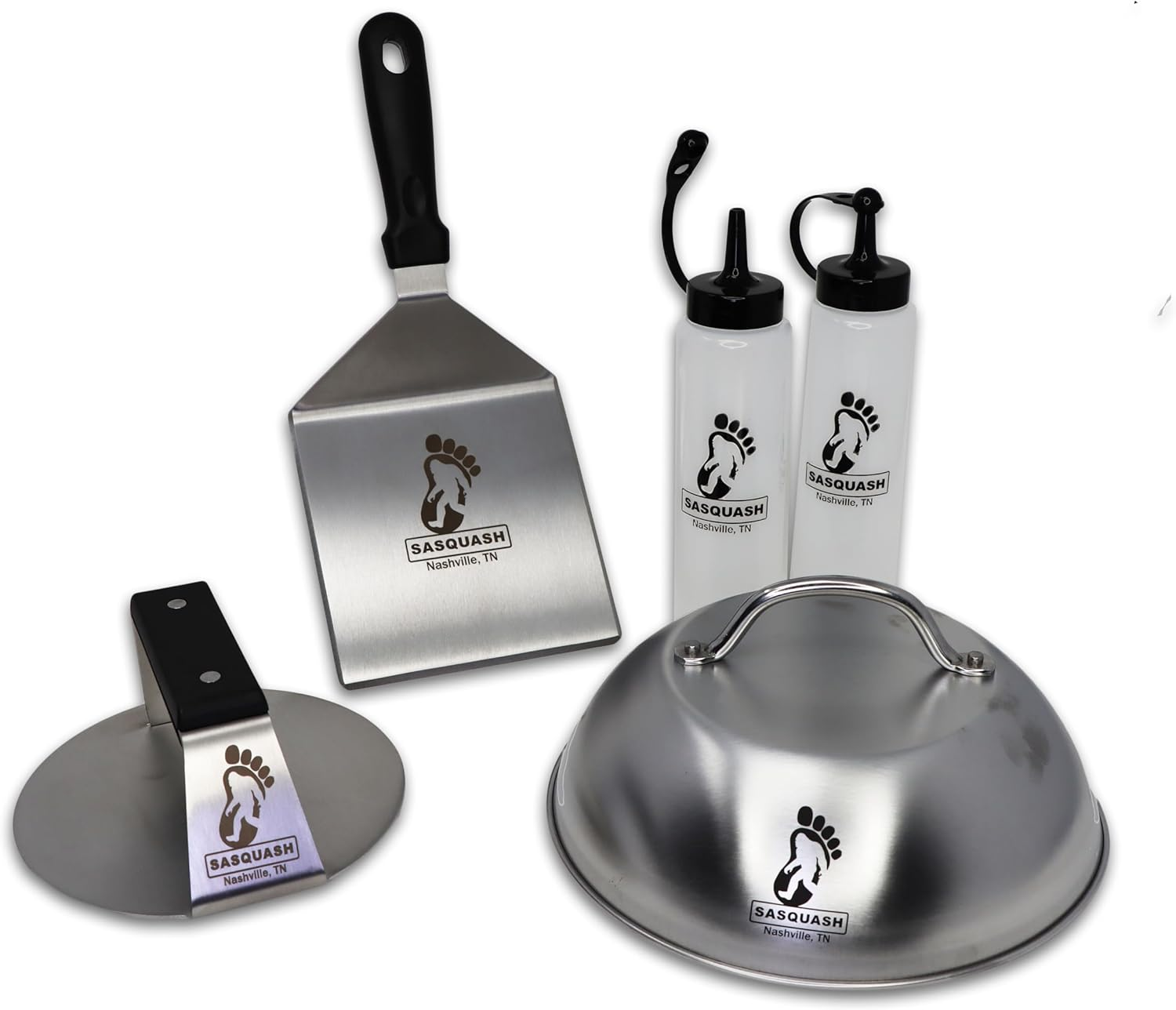 The Sasquash - 6" Heavy Duty Extra Wide Flat Handle Smashed Burger Press - Commercial Grade Welded Stainless Steel Burger Smasher (5Pc Burger Master Kit) image number 1