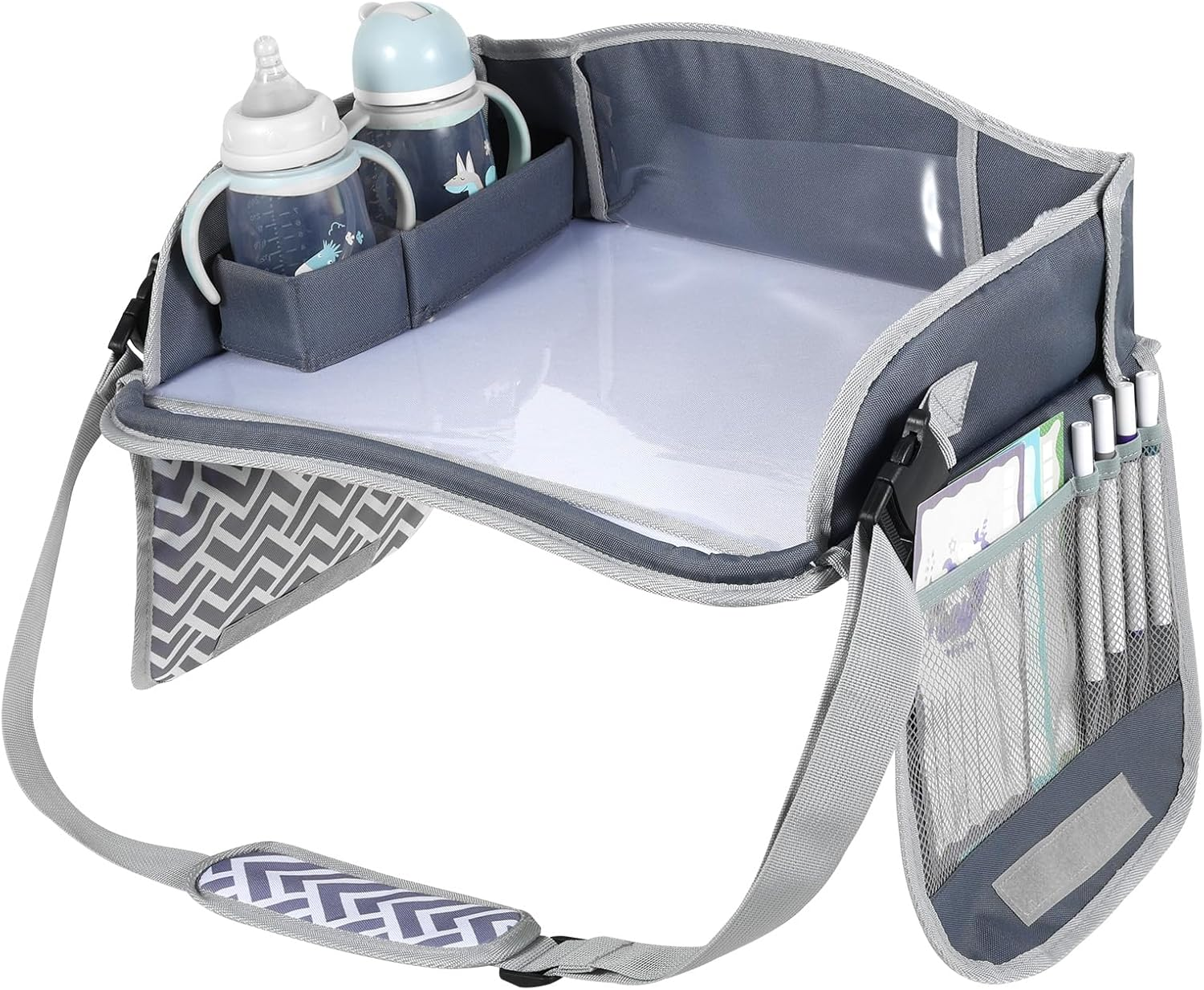 Kids Travel Tray for Toddler Car Seat, Enduring Car Seat Tray, Easy to Install Seat Table Tray with Adjustable Strap for Road Trip Activities image number 6