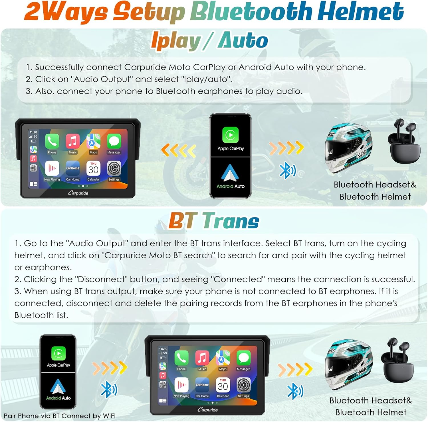 Motorcycle Carplay Screen Carpuride W502B for BMW R1200GS/R1250GS/S1000XR &ndash; 5" IP67 Waterproof Touchscreen, Wireless Android Auto & Carplay, GPS Navigation, Dual Bluetooth, Enhanced Bass EQ image number 4