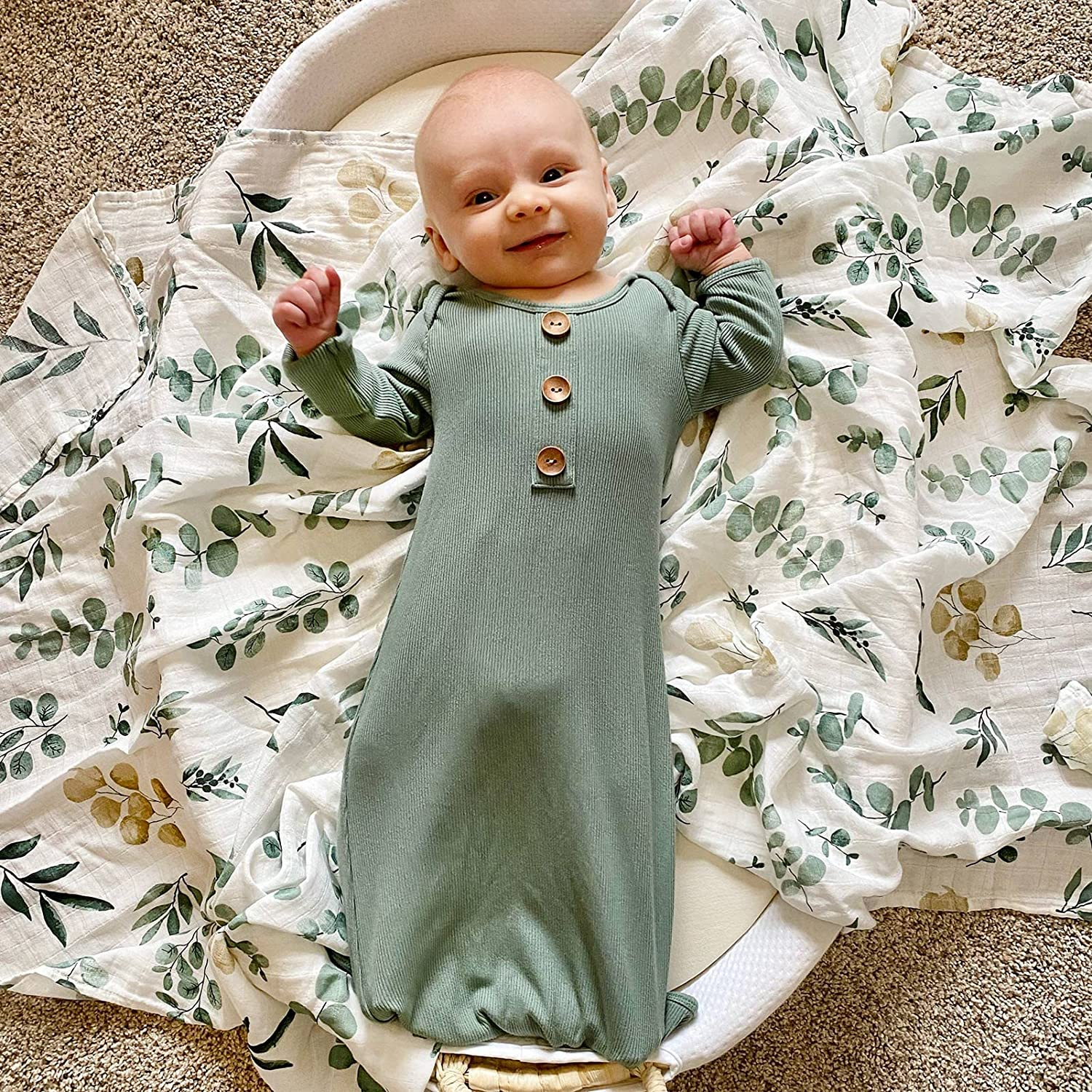 Lifetree Baby Swaddle Blankets, Muslin Wraps Unisex Newborn Receiving Blanket for Boys & Girls, 70% Viscose from Bamboo and 30% Cotton, Soft, Breathable, Large 120 X 120Cm Eucalyptus Pattern