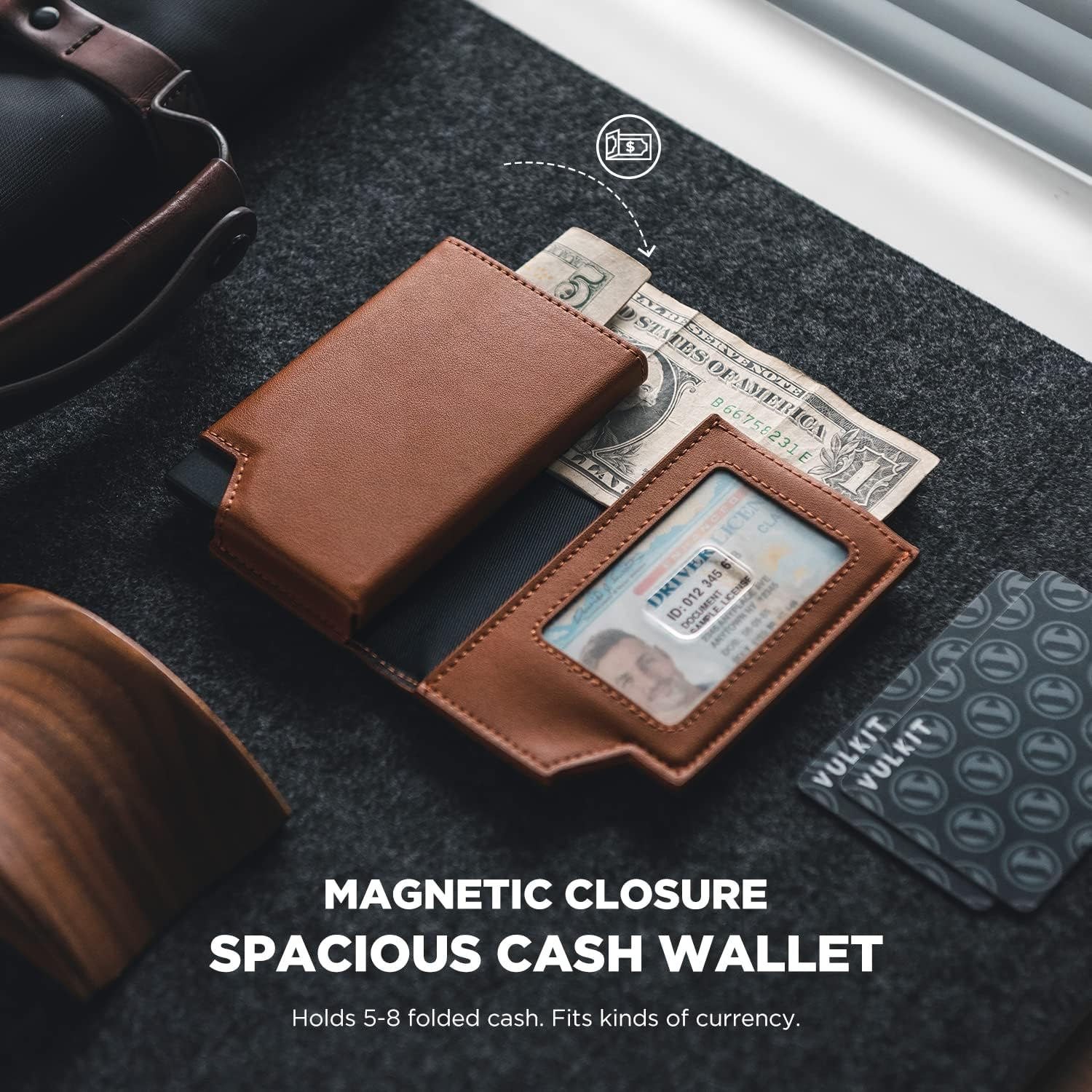 VULKIT Men'S Wallet Minimalist Pop up Card Holder RFID Blocking Magnetic Closure Leather Wallet with ID Window for Cash & Credit Cards up to 11 Cards - Brown image number 5