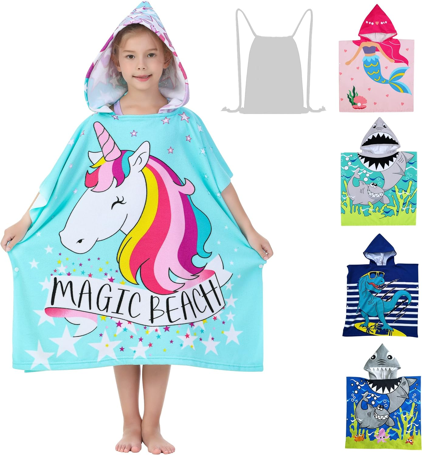 Athaelay Unicorn Design Poncho Towel for Girls Ultra Soft Swimsuit Cover-Ups with Drawstring Bag for 3 to 10 Years Kids Bath Beach and Pool - Alligator image number 3