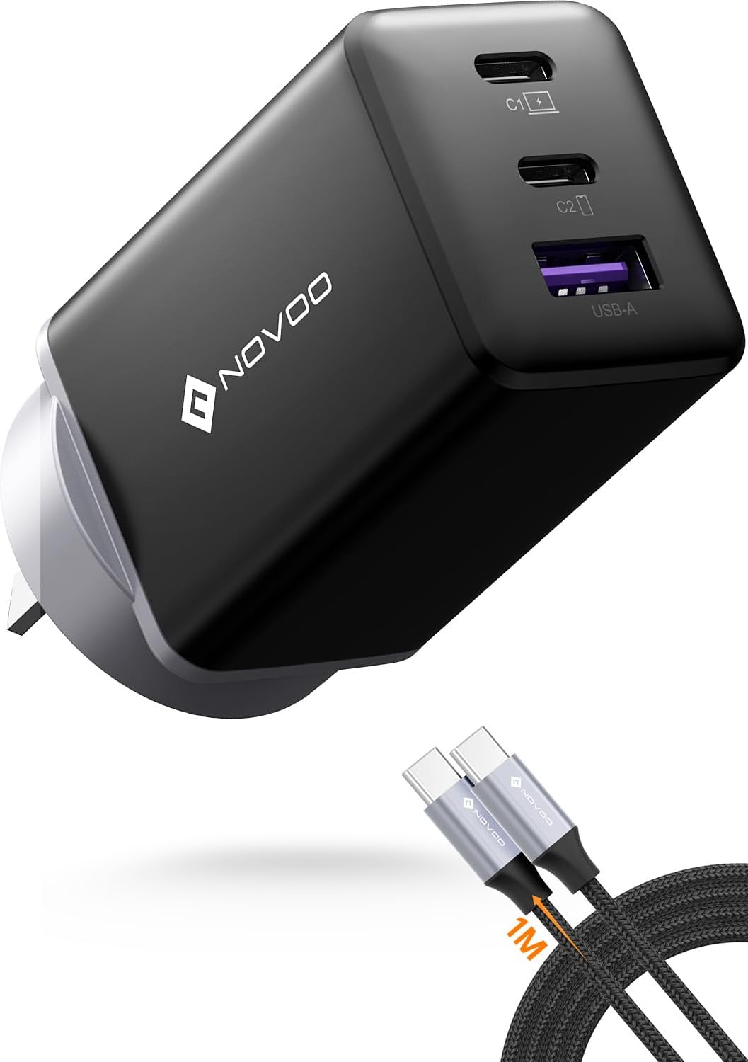 NOVOO 67W USB C Charger with 1 PD 100W Type-C Cable, Gan III 3-Port Compact Fast PPS Wall Charger Foldable, for Macbook Pro 14'', Dell XPS 13, Ipad Pro, Iphone 15, Galaxy S24 Ultra, Note 20 Etc