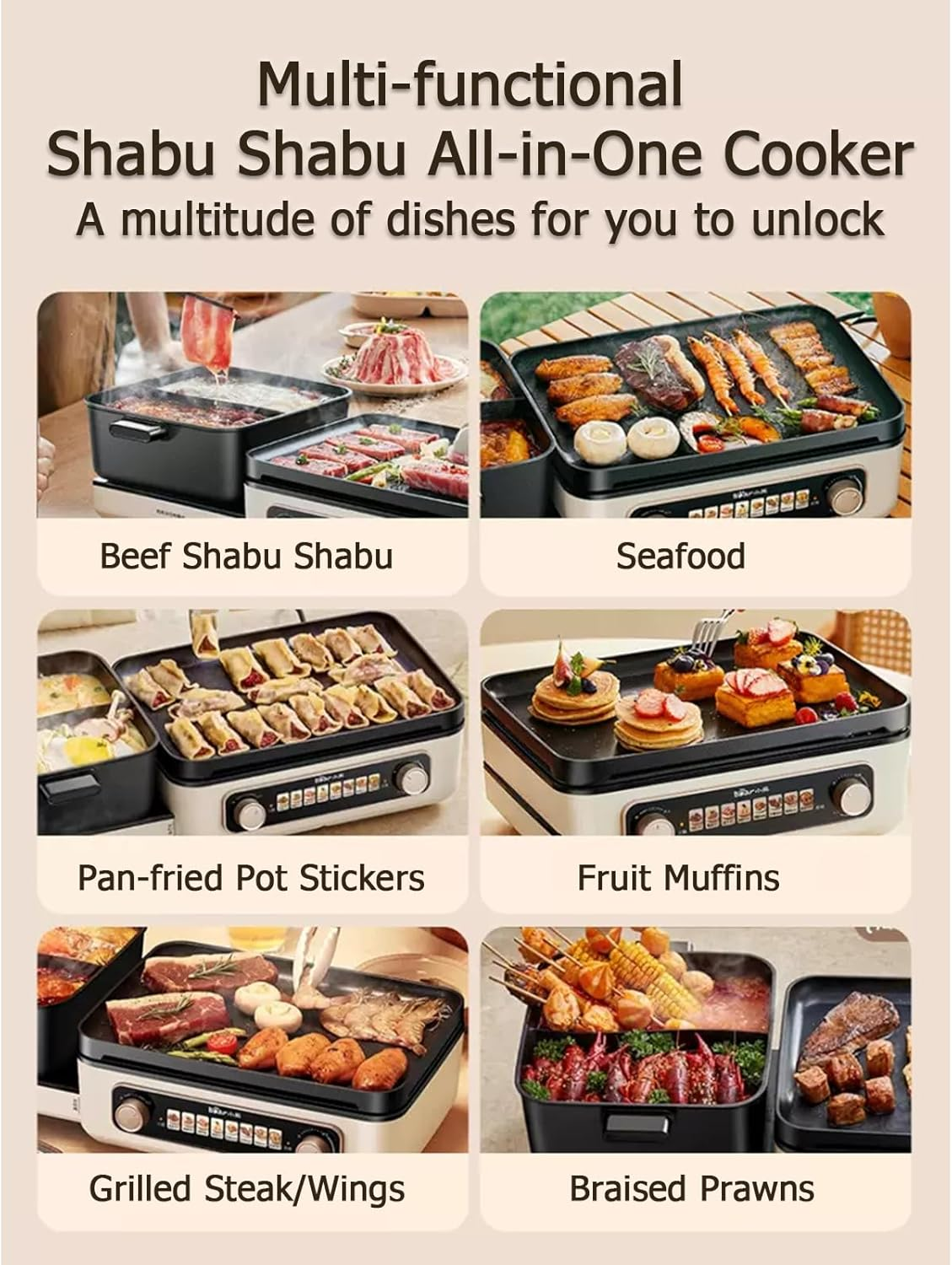 BEAR Electric Grill with Hot Pot, 2-In-1 Folding Korean BBQ Grill Indoor & Shabu Shabu Pot, Removable Hotpot Pot & KBBQ Grill, Non-Stick, Adjustable Temperature, 2100W image number 1