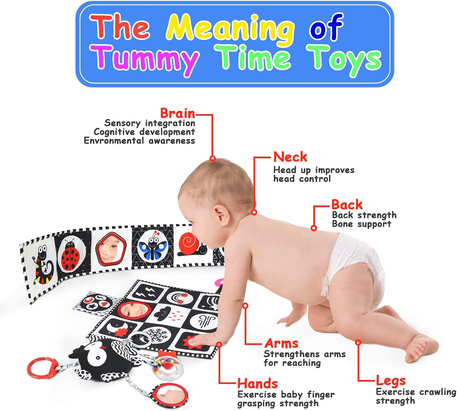 Black and White High Contrast Baby Toys 0-6 Months with Mirror, Crinkle and Rattles, Soft Baby Toys for Brain Development Montessori Sensory Tummy Time Toys Newborn Infant Toys for 0 3 6 9 Months Old image number 3