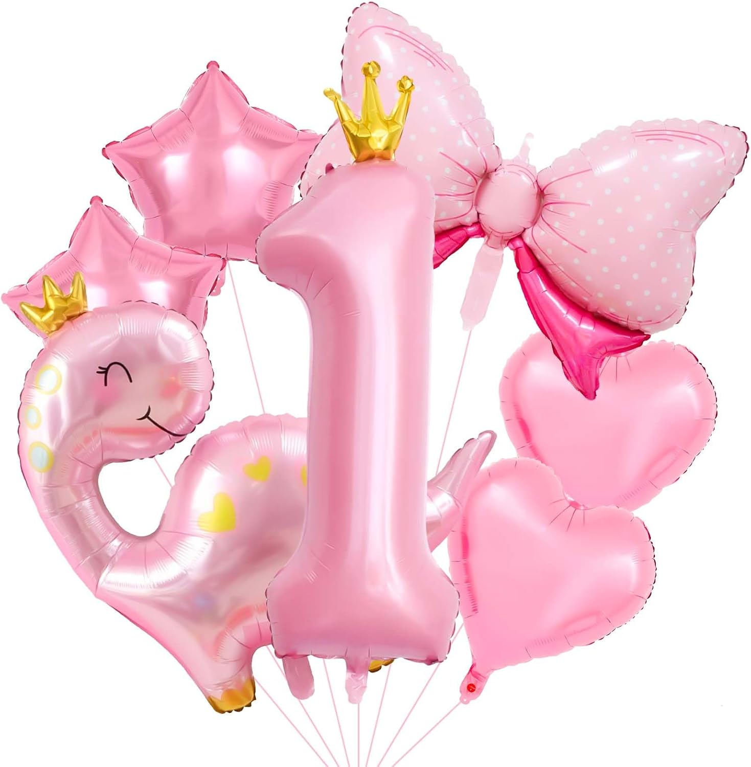 40 Inch Number Balloon Pack, Cute Crown Dinosaur and Star Bow Heart, Pastel Pink Dino Birthday Decoration for Girls (4)
