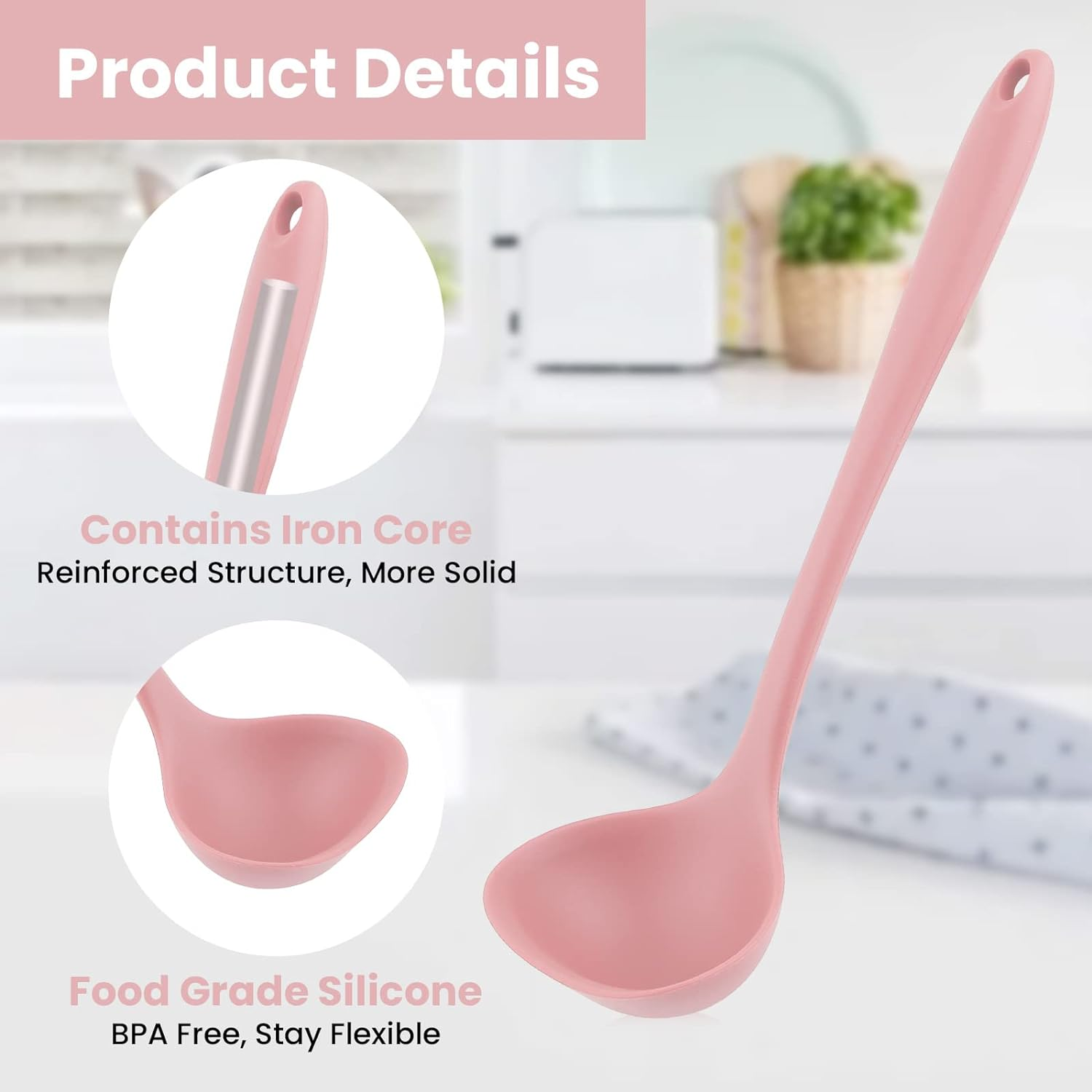 Silicone Ladle for Cooking - Comfortable Grip, Seamless Rubber, Non-Stick to Avoid Scratching - Pink image number 2