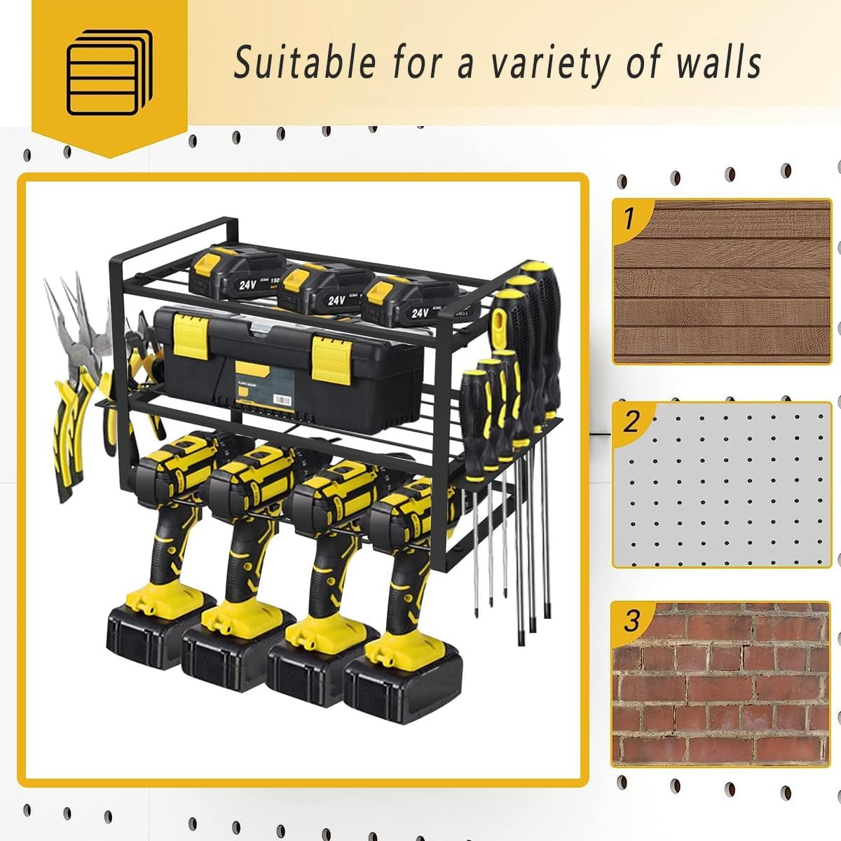 AIMALL Heavy Duty Power Tool Rack Organizer &ndash; Wall Mount Drill Holder with 3 Layer Storage, Durable Iron Construction, Black, 16.54 X 7.87 X 9.45 Inches image number 4
