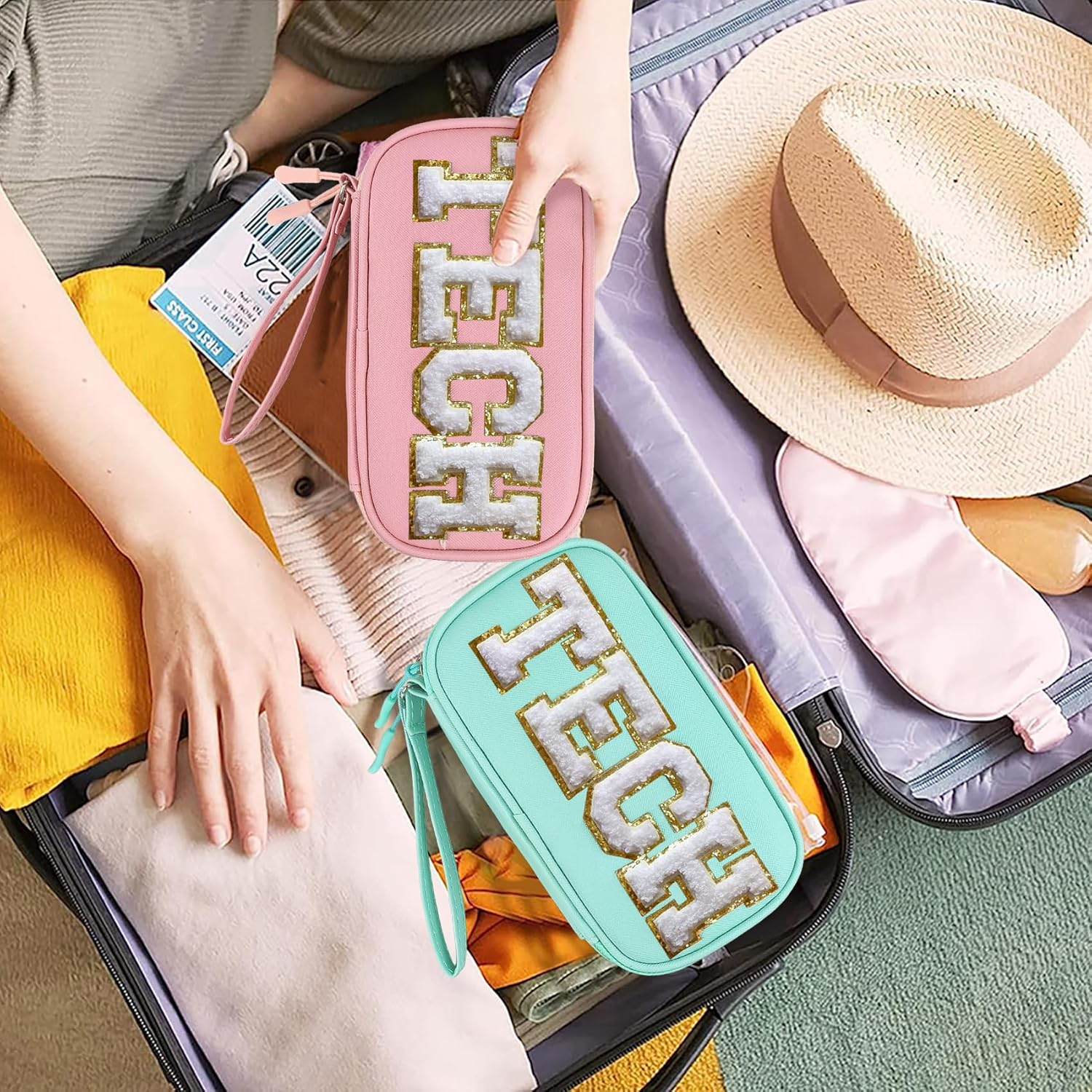 COSHAYSOO Electronics Organizer Bag Travel with Chenille Letter Patch TECH Traveling Must Have Accessories Cute Personalized Gift for Women Cable Cord Charger Storage Pouch (Greenish Blue) - Black-Scenic Spots image number 5