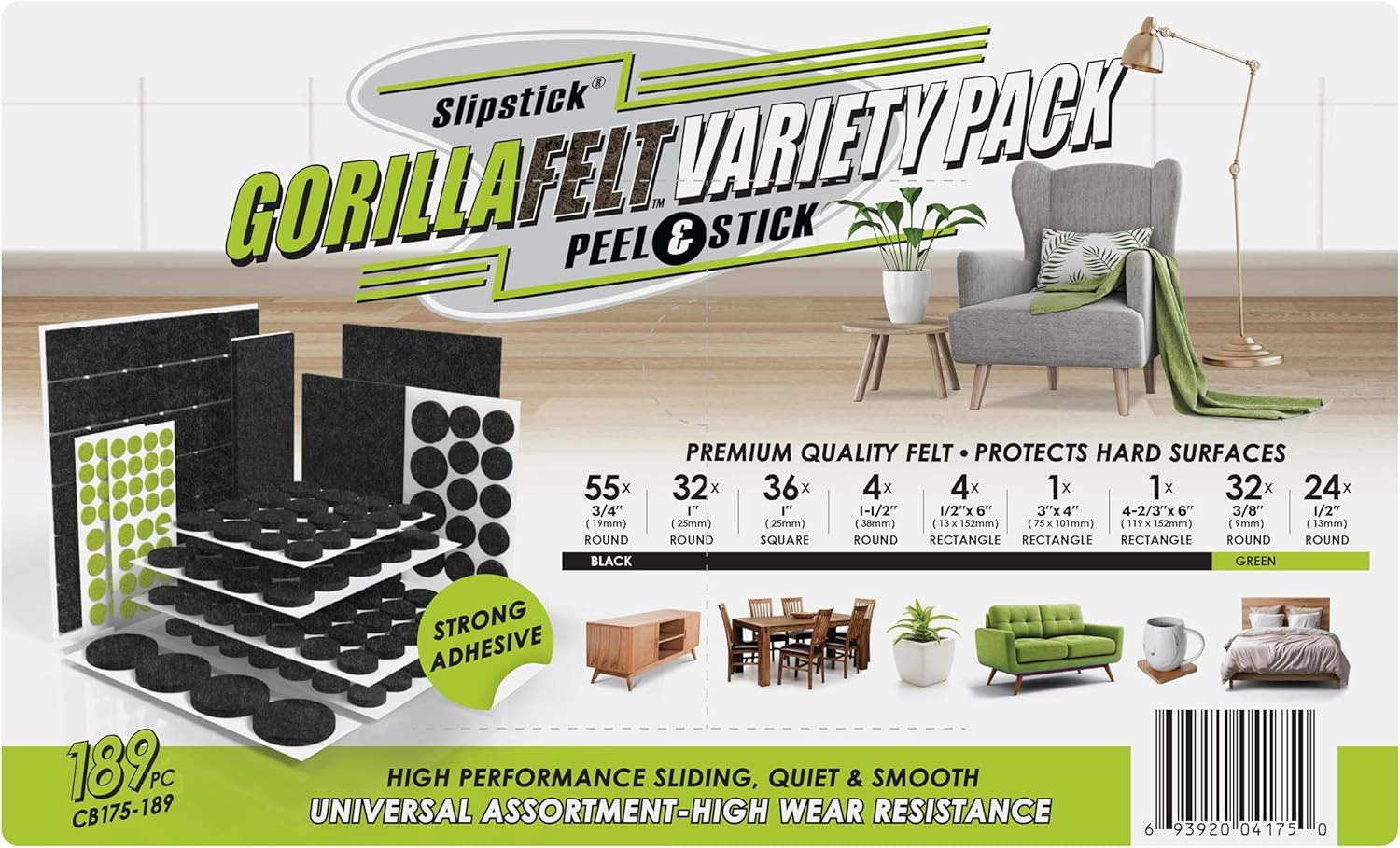 Slipstick Gorilla Felt Furniture Pads (189 Piece Variety Pack) Premium Furniture Pads & Chair Leg Floor Protectors for Hardwood Floors & Hard Surfaces image number 1