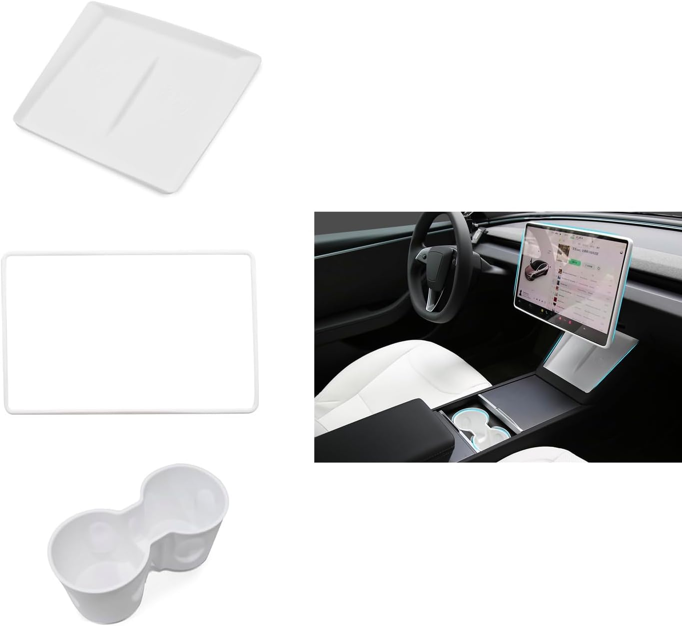 3PCS Center Console Accessories for Tesla New Model Y Juniper 2025 Model 3 Highland 2024 Cup Holder Insert, Screen Edge Protector Frame, Wireless Charger Mat Silicone, White