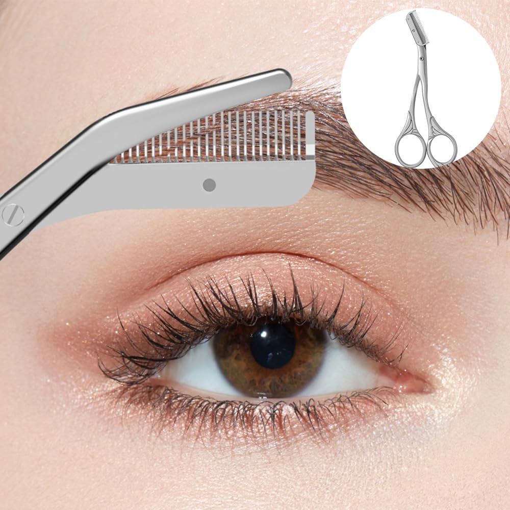 Professional Eyebrow Trimming Scissors with Comb, Precision Trimmer, Non-Slip Finger Grips