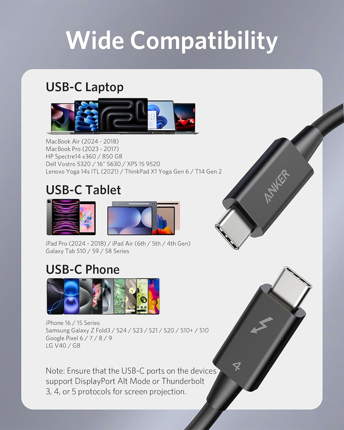 Anker USB C Cable,2.3Ft Thunderbolt 4 USB C to USB C Certified Cable, 8K Display/40Gbps/100W Charging Cord for Iphone 16, Monitor Connection and More image number 1