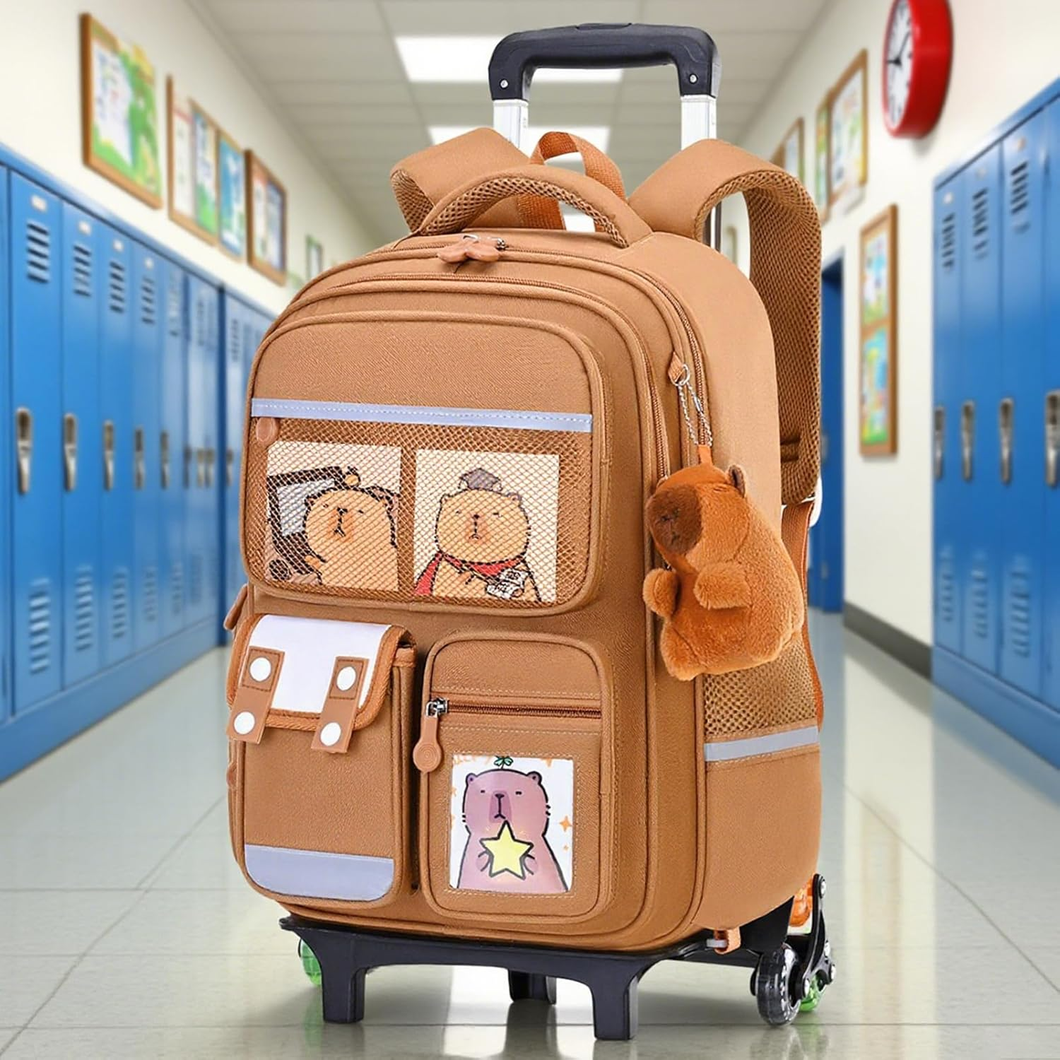 Generisch Rolling Backpack with Capybara Pattern Backpack on Wheels - Extendable Telescopic Handle Height Adjustable Large Capacity Luggage Suitcase for Girls Children College Travel Plane, Six Rounds image number 1