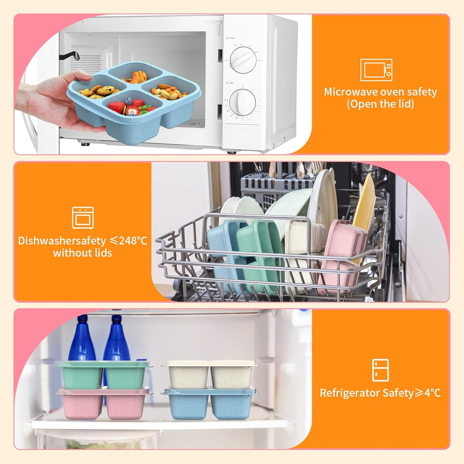 Bento Snack Boxes (4 Pack)- Reusable 4-Compartment Meal Prep Containers for Kids and Adults, Perfect Food Storage School, Compact Stackable (Wheat(Green/Blue/Pk/Beige)) - Green/Blue/Pink/Beige image number 5