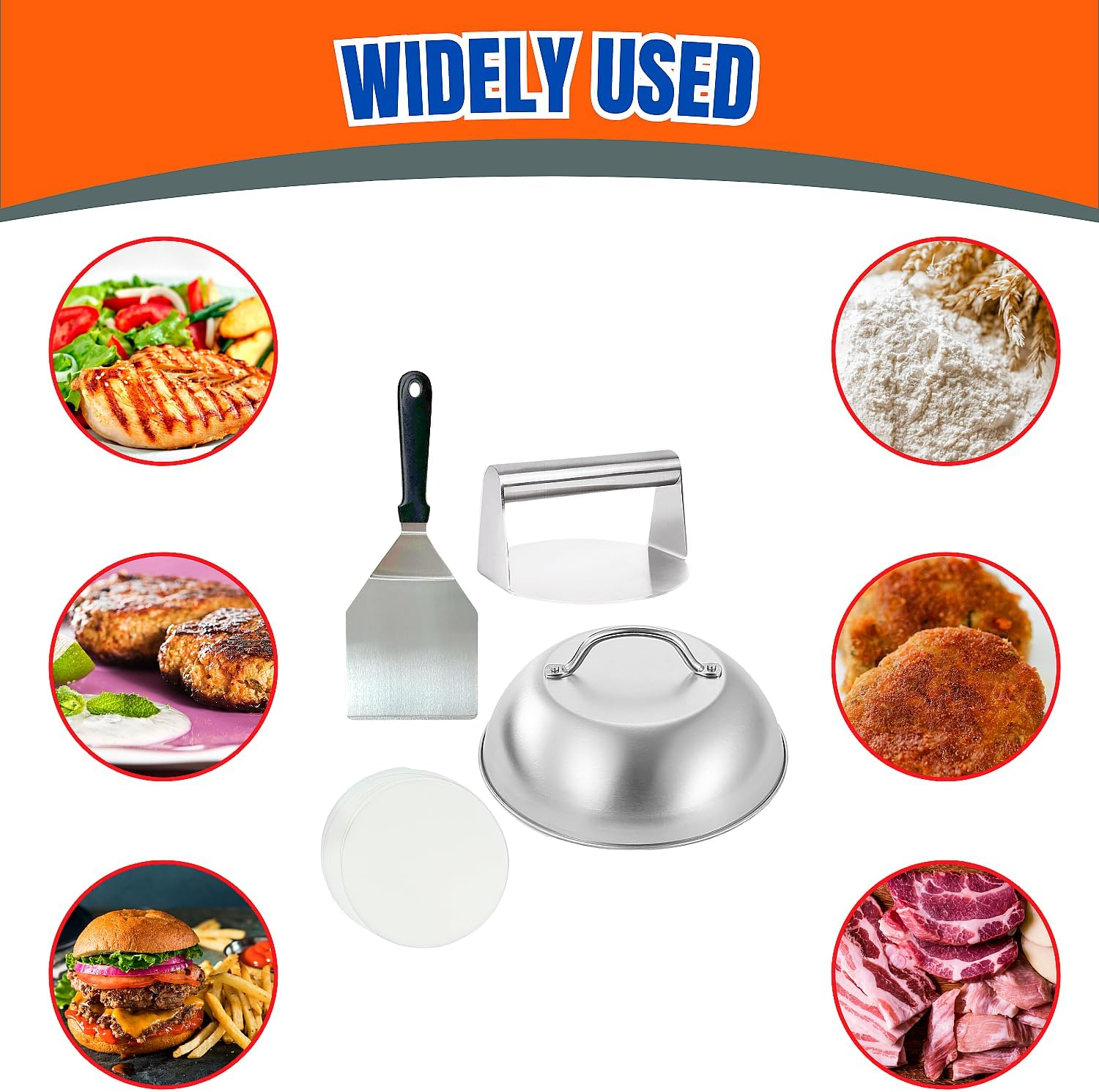 430 Stainless Steel Burger Press Kit with Burger Flipper, Cheese Melting Dome & 50 Wax Discs, Burger Smasher with Smash Burger Press, Protein Press, BBQ Smash Burger Kit for Burger (4Pcs) image number 4