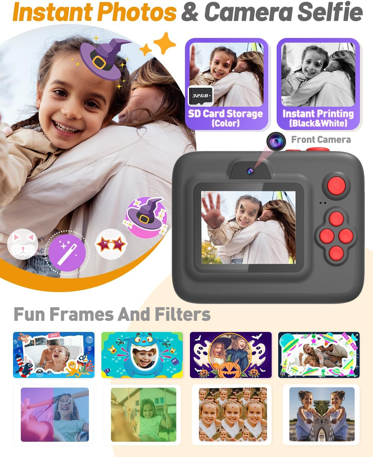 Kids Camera Instant Print, Christmas & Birthday Gifts for 3-12 Year Old Boys & Girls, 2.4In Screen 1080P Digital Camera with 3 Rolls Print Paper & 32G Card image number 2