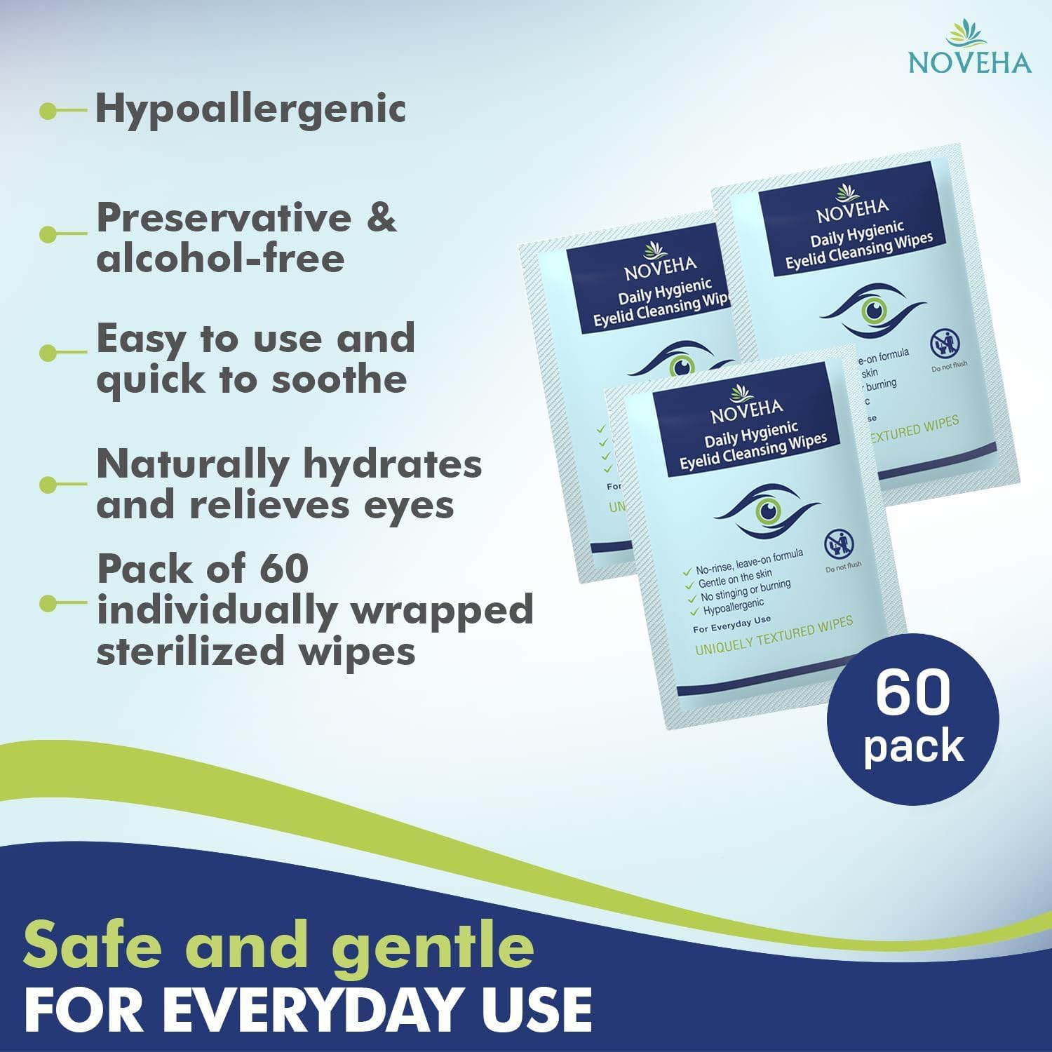 Hygienic Eyelid and Eyelash Wipes for Blepharitis and Itchy Eyes, Box of 60 Individually Wrapped Eyelash Wipes, Natural Makeup Remover and Daily Cleaner image number 2
