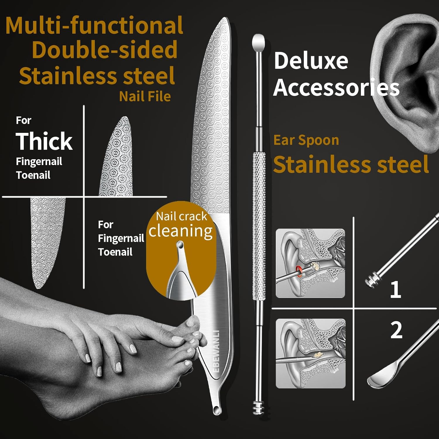 EBEWANLI Professional Toenail Clippers Set for Thick Nails, Ingrown Toenails, Seniors, Men & Women - Stainless Steel, Black image number 1